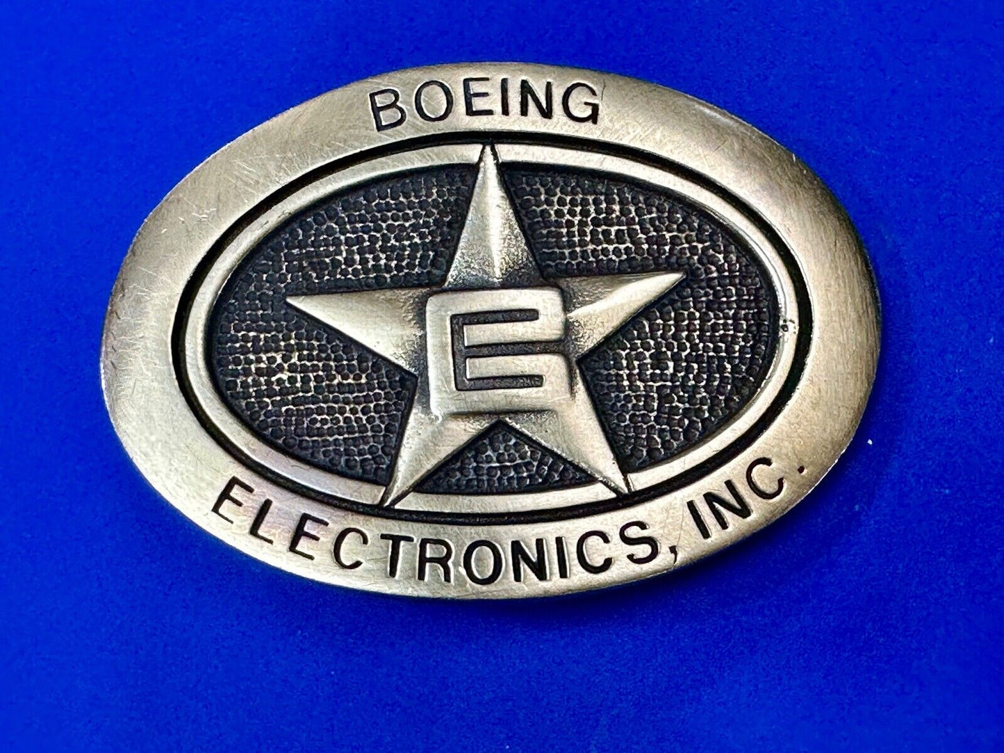 Vintage Boeing Electronics Inc Solid Brass BTS 1978 belt buckle Star Emblem