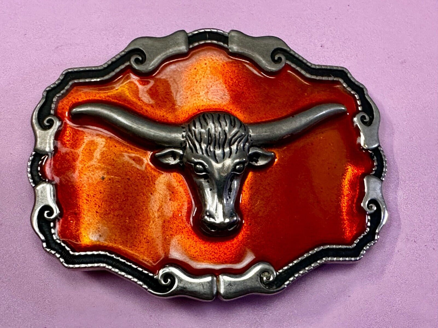 Texas Longhorn Cow Head Steer Orange Enameled Western Cowboys Rodeo Belt Buckle