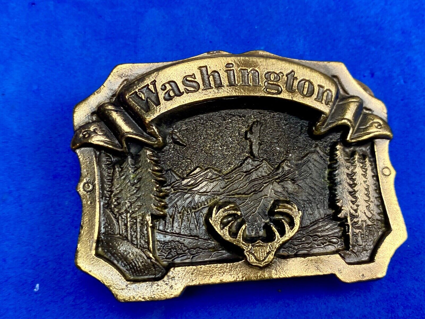 Vintage 1980 The State Of Washington, Deer In Pine Tree Forrest Belt Buckle