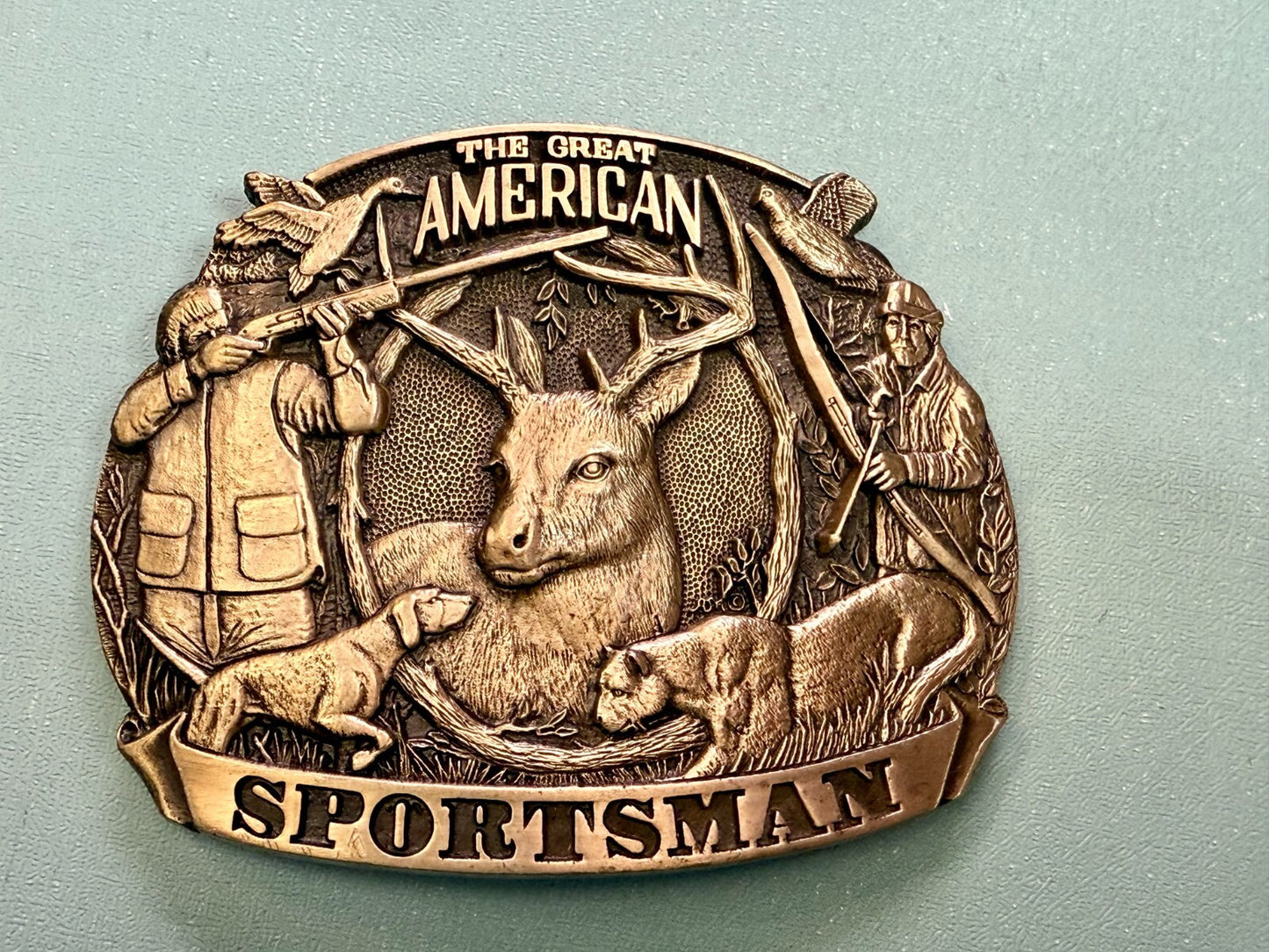 American Sportsman Bird Deer Riffle Bow Hunting Dog Solid Brass ADM Belt Buckle