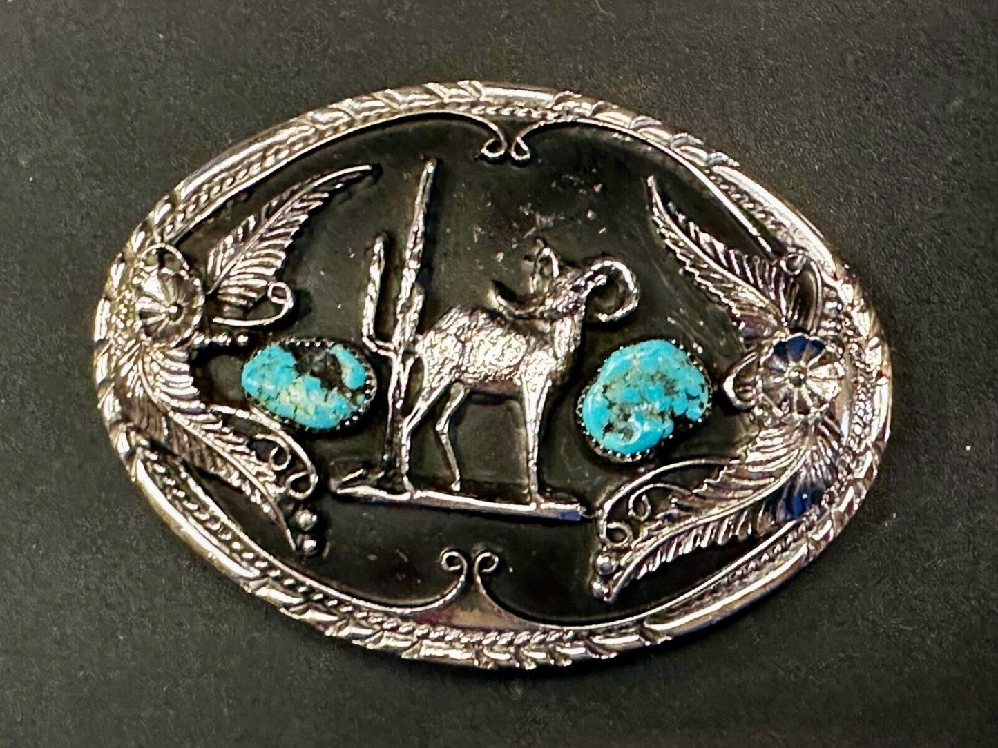Bighorn Sheep Ram Mountain Goat Turquoise Stone Flower Leaf Western Belt Buckle