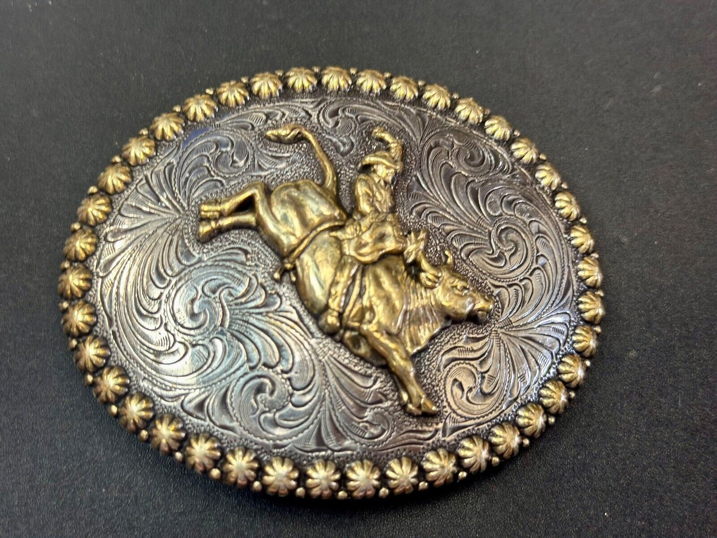 Vintage Cowboy Saddle Bronc western 4" oval belt buckle with star boarder