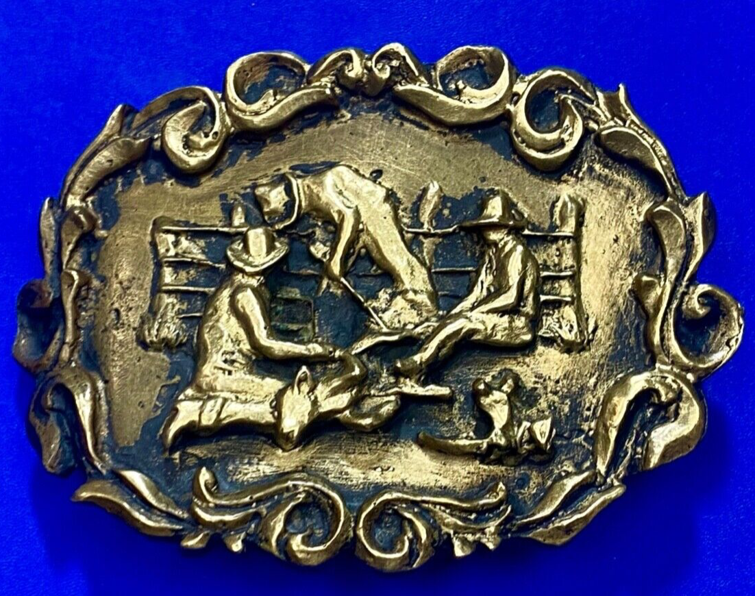 Three Cowboys Roping calf on the farm SOLID BRASS western belt buckle
