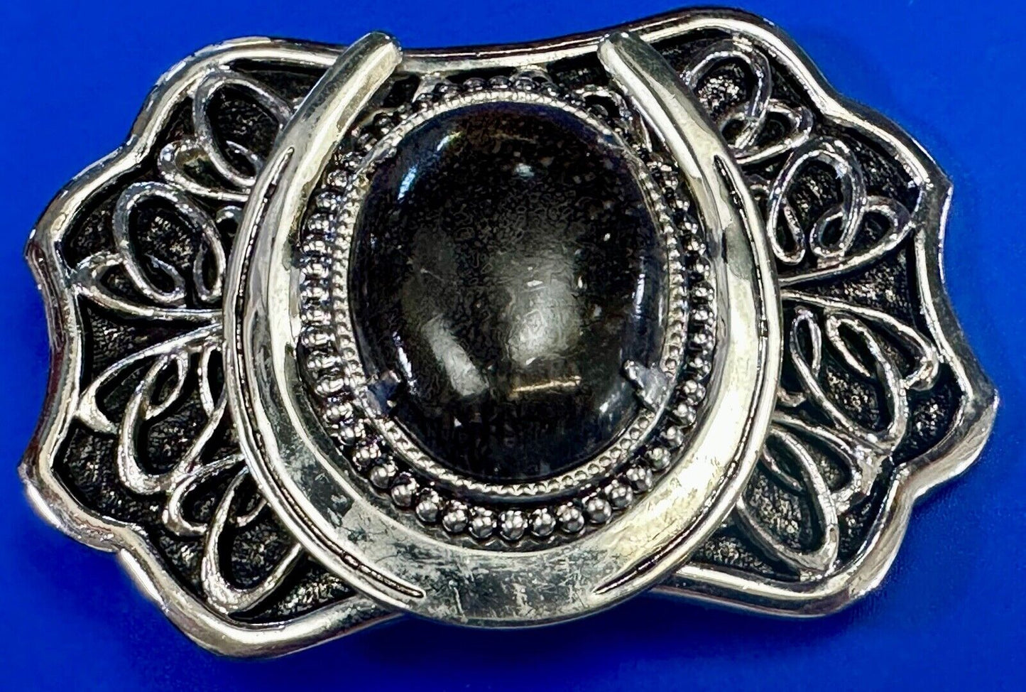 Beautiful Black Detailed cabochon cab stone centerpiece on horseshoe belt buckle