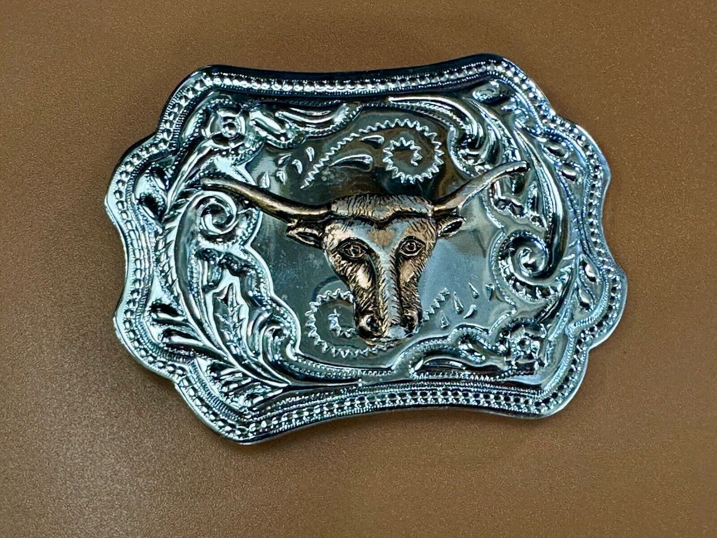 Texas Longhorn Steer Cowboys Vintage two tone belt buckle