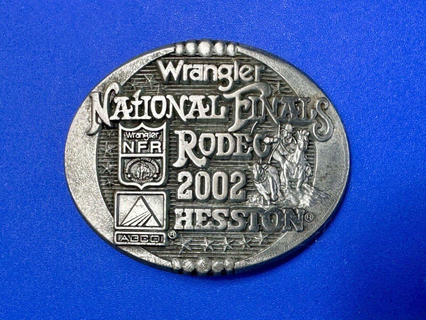2002 Montana Silversmiths Hesston Belt Buckle Wrangler NFR Dealer Incentive