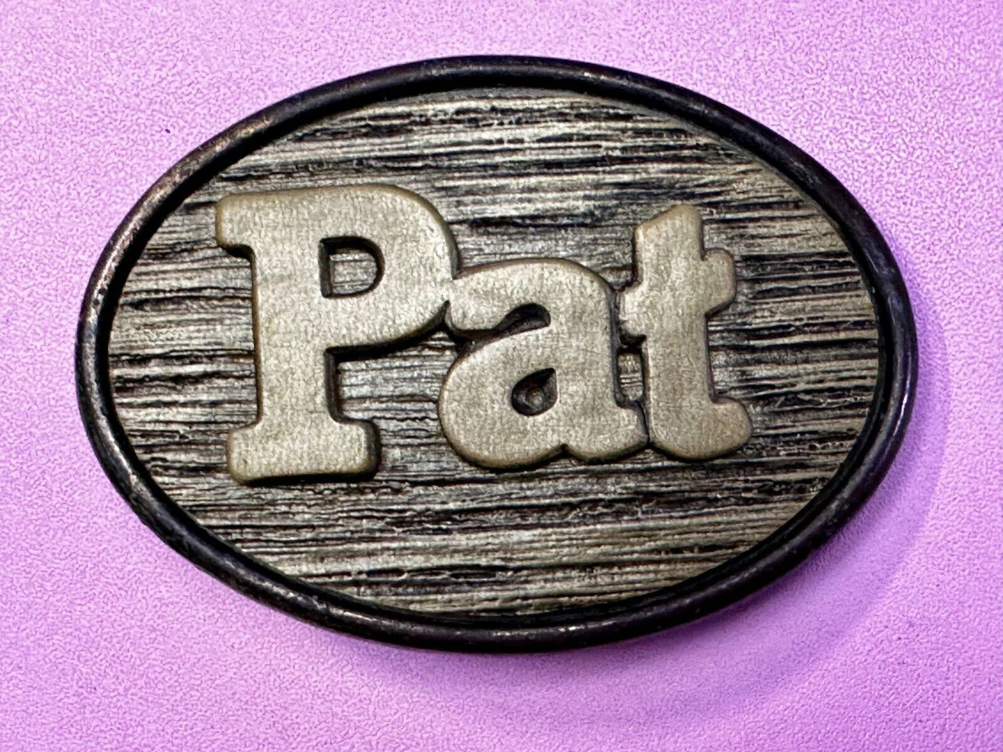 1970s PAT Name - Custom Wood Grain Metal Oden USA Personalized Belt Buckle
