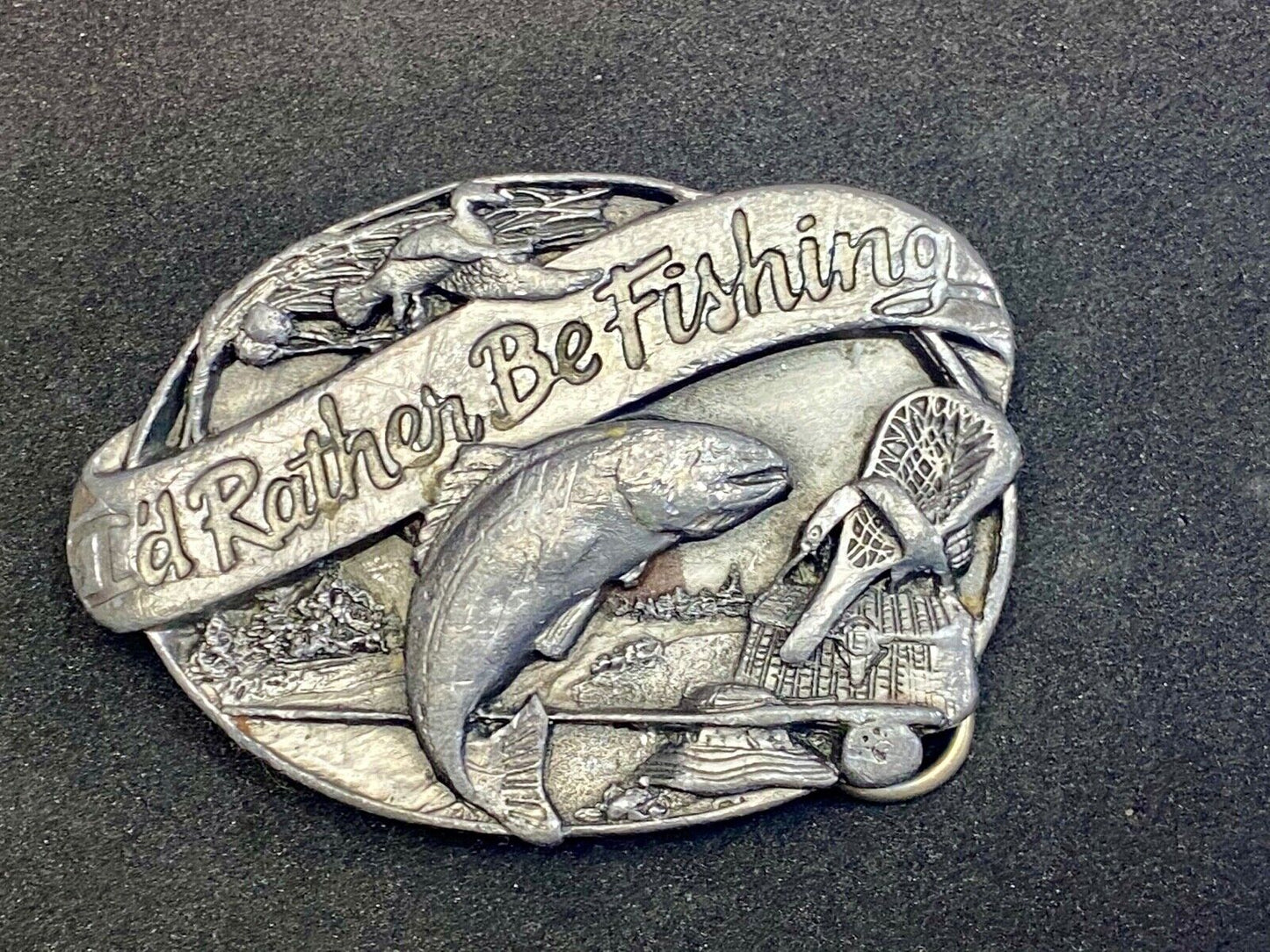 Vintage 1985 "I'd Rather Be Fishing" M-30 Pewter Belt Buckle - Perfect Gift!