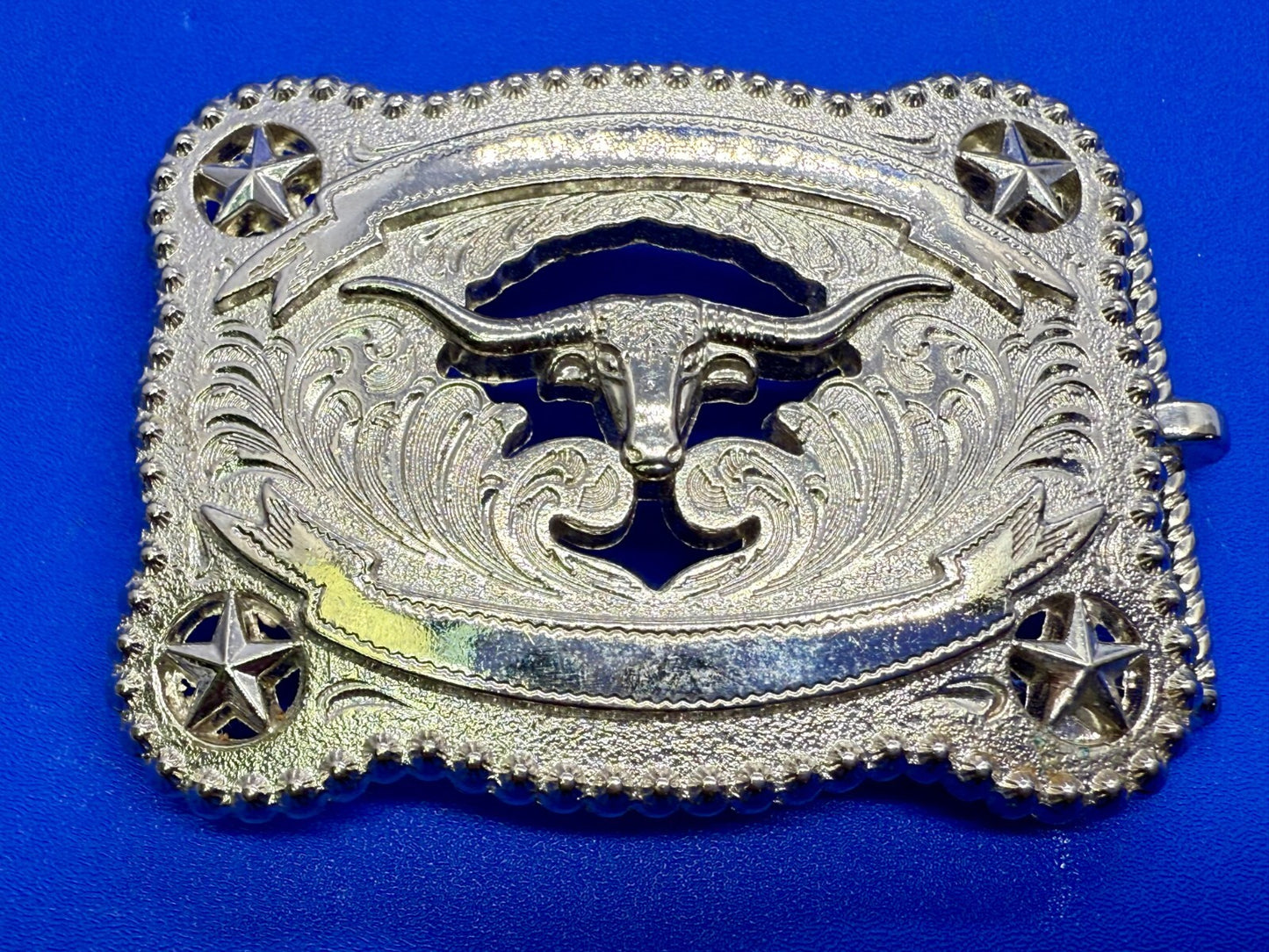 Texas Longhorn Cutout See Through Silver Tone Belt Buckle W/ Stars Award Ribbon