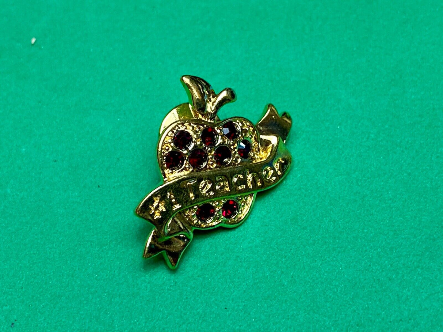 #1 TEACHER Brooch - Avon Red Rhinestone Accented Vintage Gold Tack Pin