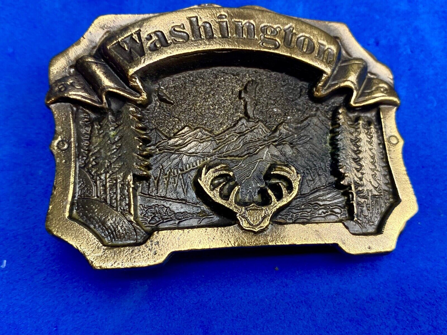 Vintage 1980 The State Of Washington, Deer In Pine Tree Forrest Belt Buckle