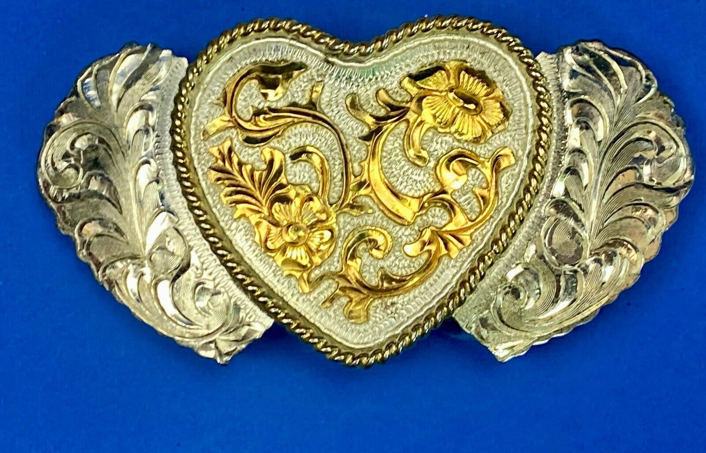 Three Hearts Flower Ornate Quality! Jg Hallmark Vintage Belt Buckle