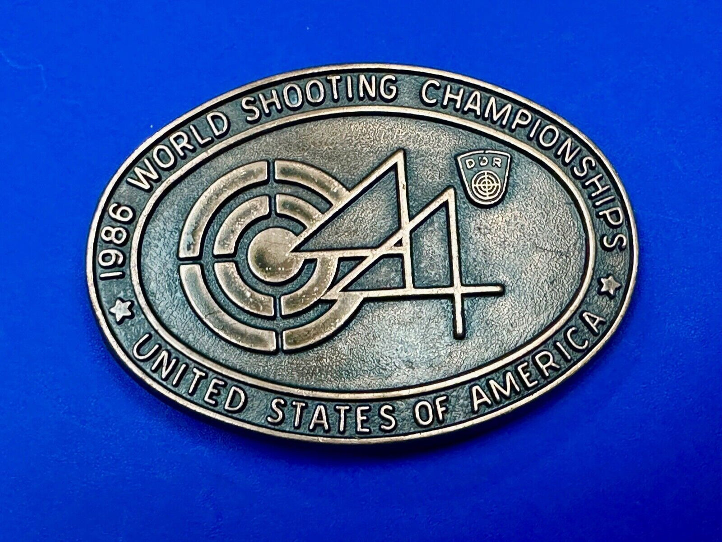 1986 Wold Shooting Championships USA belt buckle see back! Suhl East Germany
