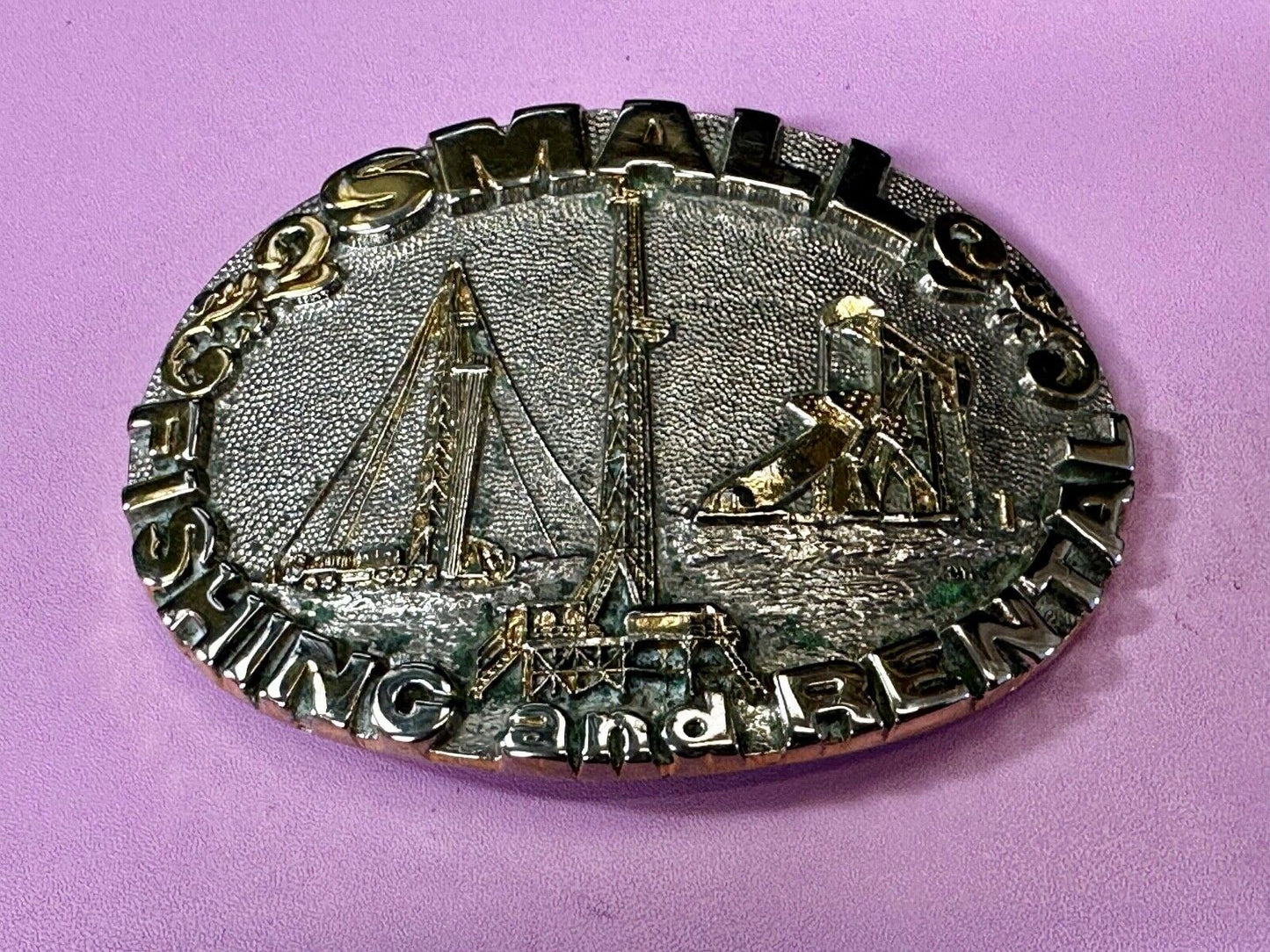 2 Small Fishing And Rental 24K Gold Plated Off Shore Oil Rig Belt Buckle By Adm