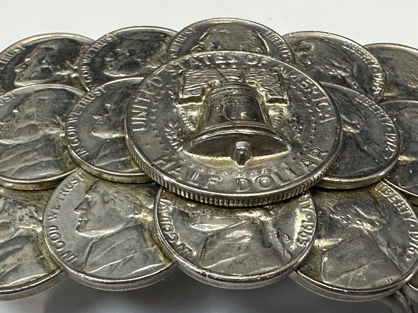 Artist Made Coin Cluster Liberty bell half dollar Nickels belt buckle