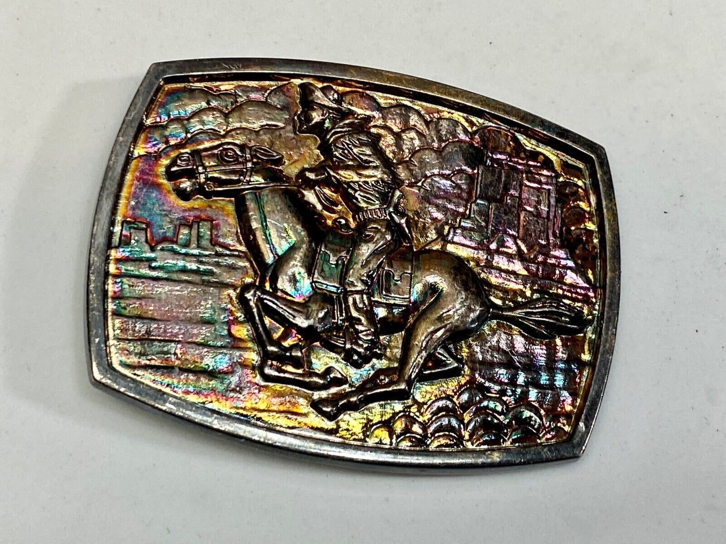 Vintage Horse Back Rider Racing Through Town Western Belt Buckle