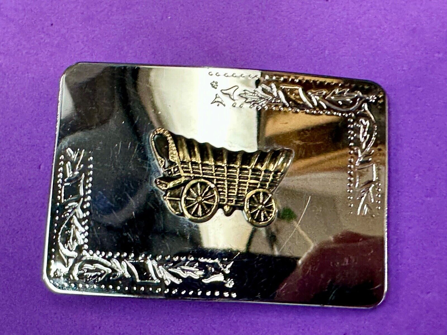 Vintage Covered Wagon two tone reflective rectangular belt buckle