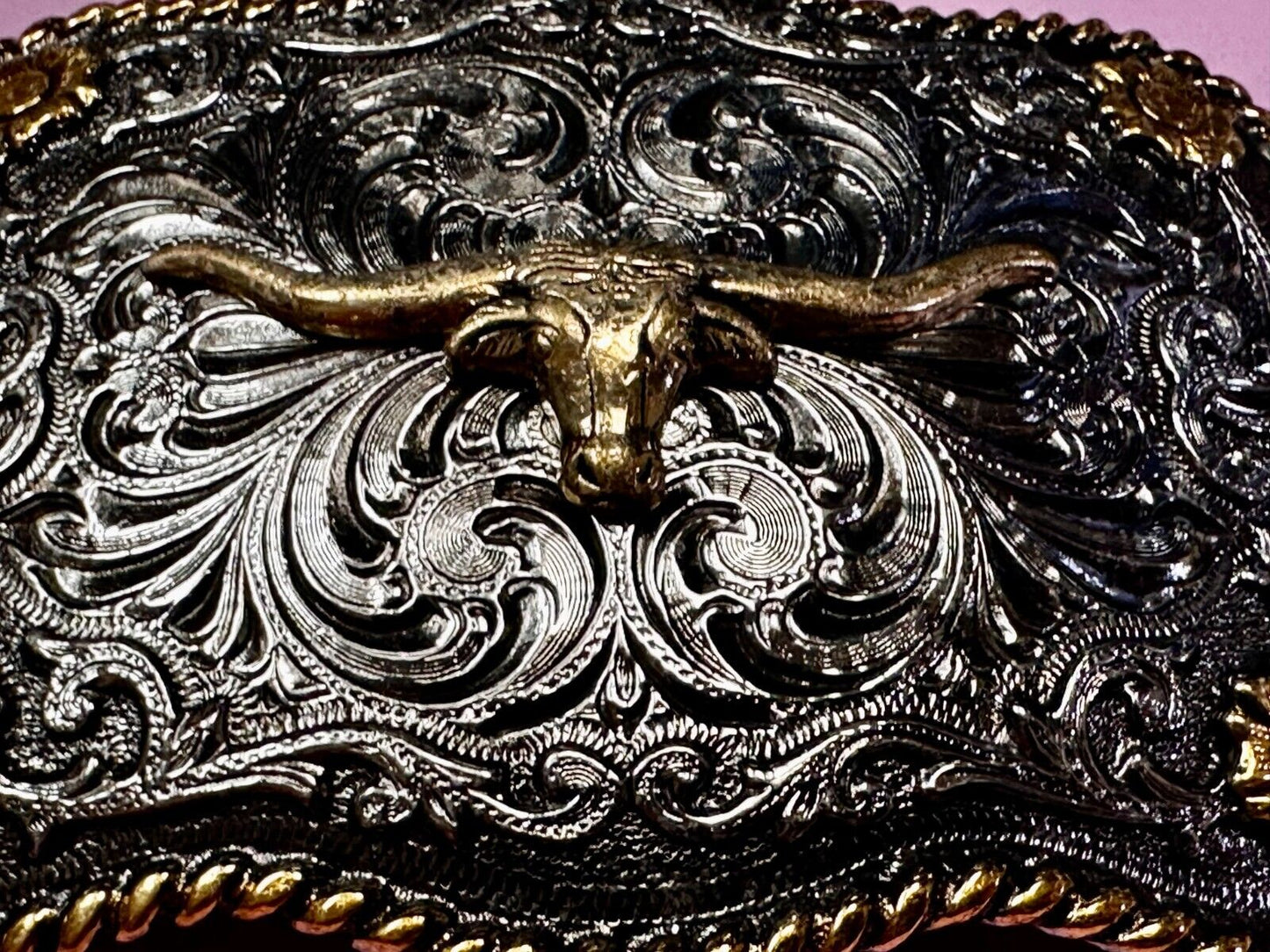 Texas Longhorn Centerpiece Two Tone Ornate Floral Themed Belt Buckle