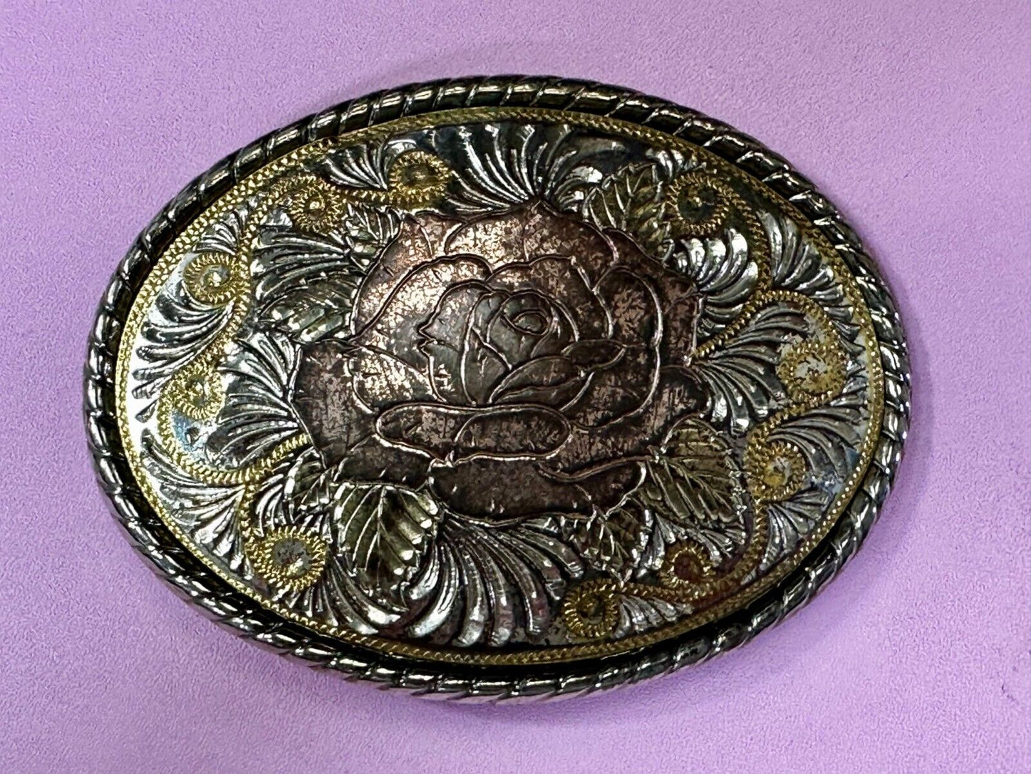 Beautiful Rose Flower Swirl Etched Design Mixed Metal Belt Buckle by W