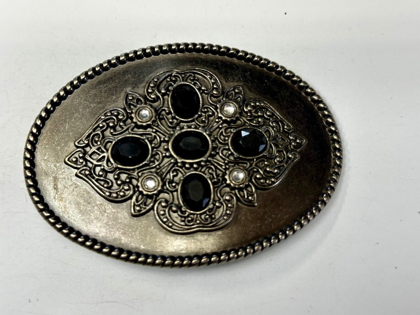Black & White Rhinestones on Ornate Western Oval Belt Buckle with Rope Border