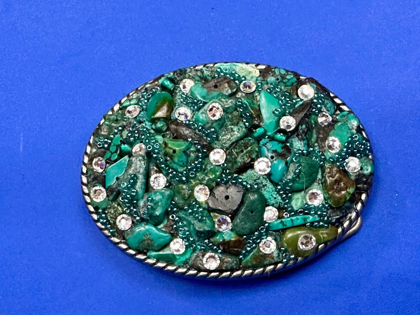 Artisan Chunky shades of Green and clear rhinestone mixed material belt buckle