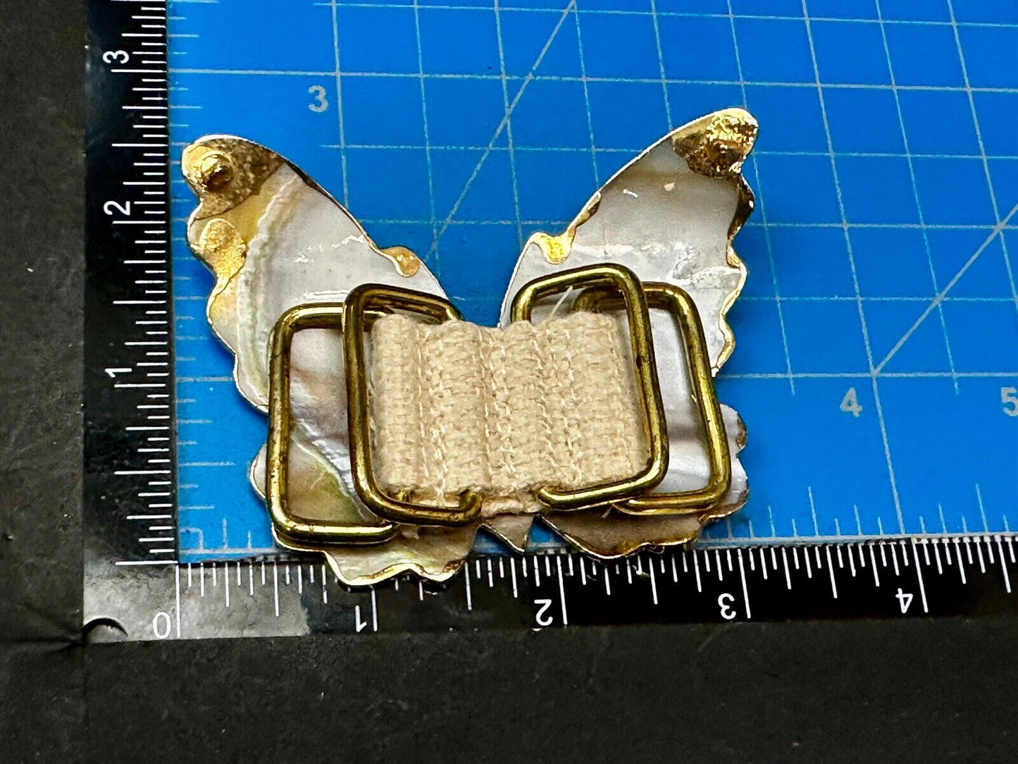 Vintage Butterfly Shaped MOP Mother of Pearl Cutout Gold tone Belt Buckle Slide