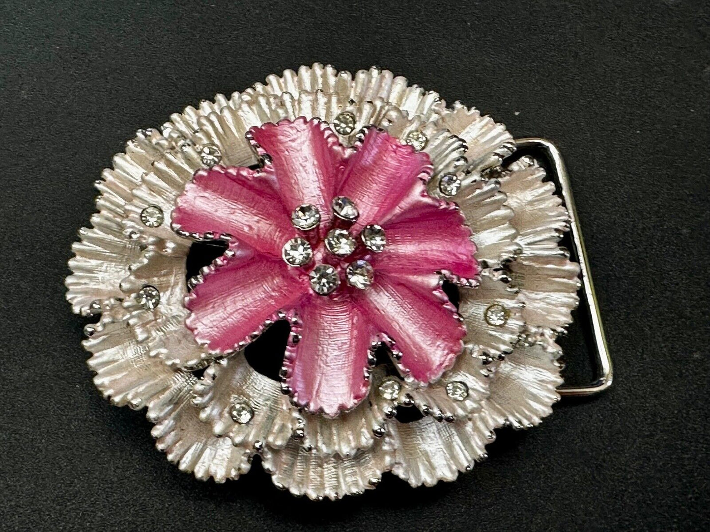 Unique Pink White Colored Flower 3D Pattern Rhinestone Accented Belt Buckle