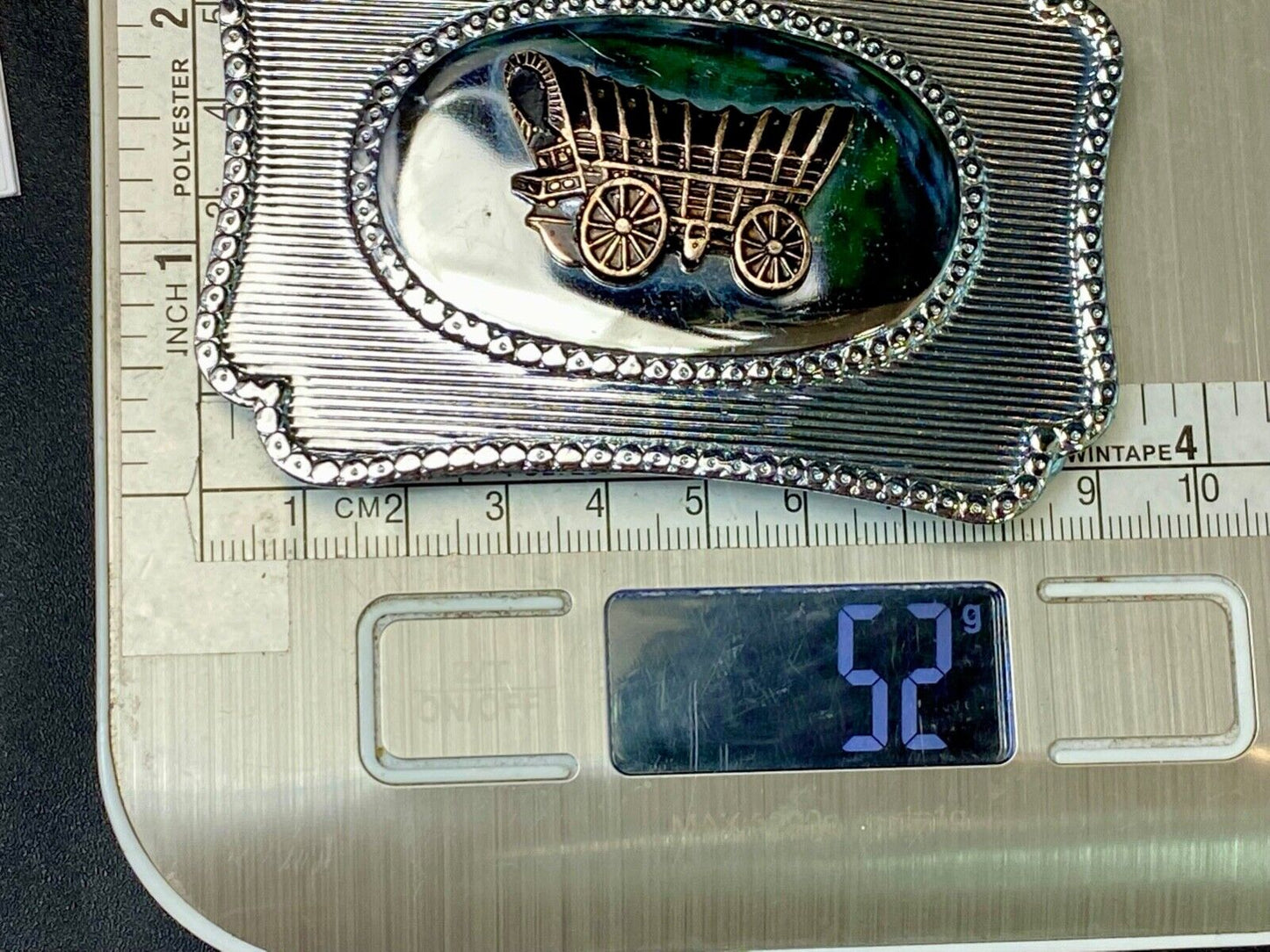 Vintage Covered wagon two tone reflective pre loved, western framed belt buckle