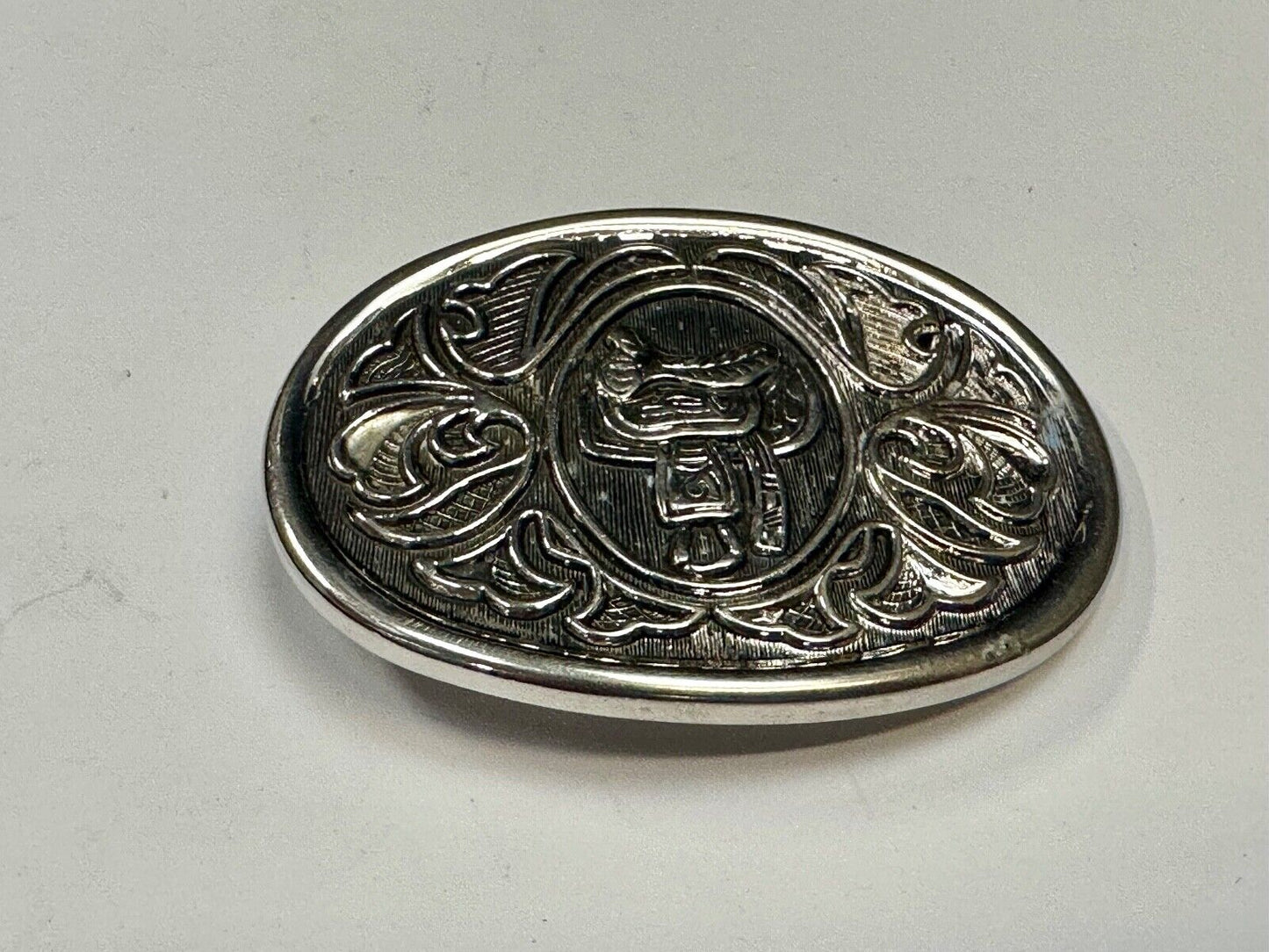 AVON Oval Ornate Vintage Belt Buckle Western Design w/Horse Saddle Silver Tone