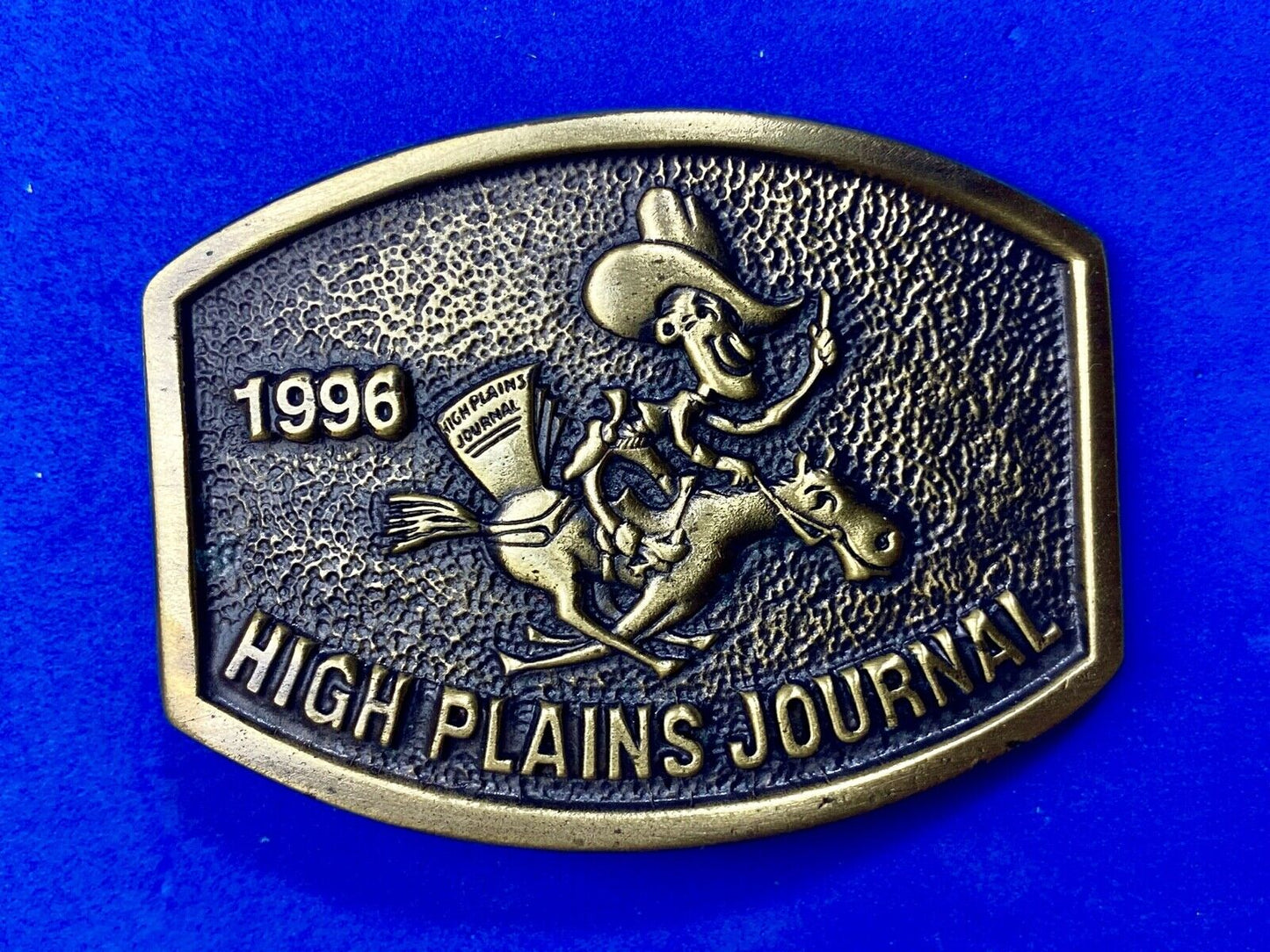 Vintage 1996 High Plains Journal Belt Buckle Cowboy Horse Newspaper