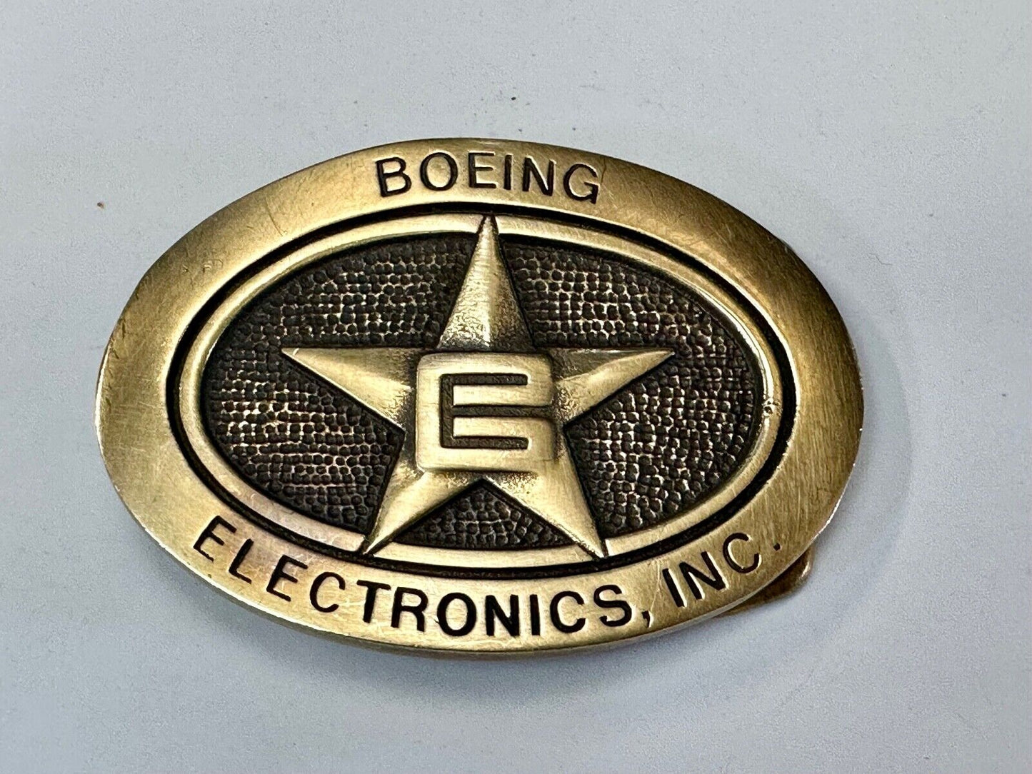 Vintage Boeing Electronics Inc Solid Brass BTS 1978 belt buckle Star Emblem