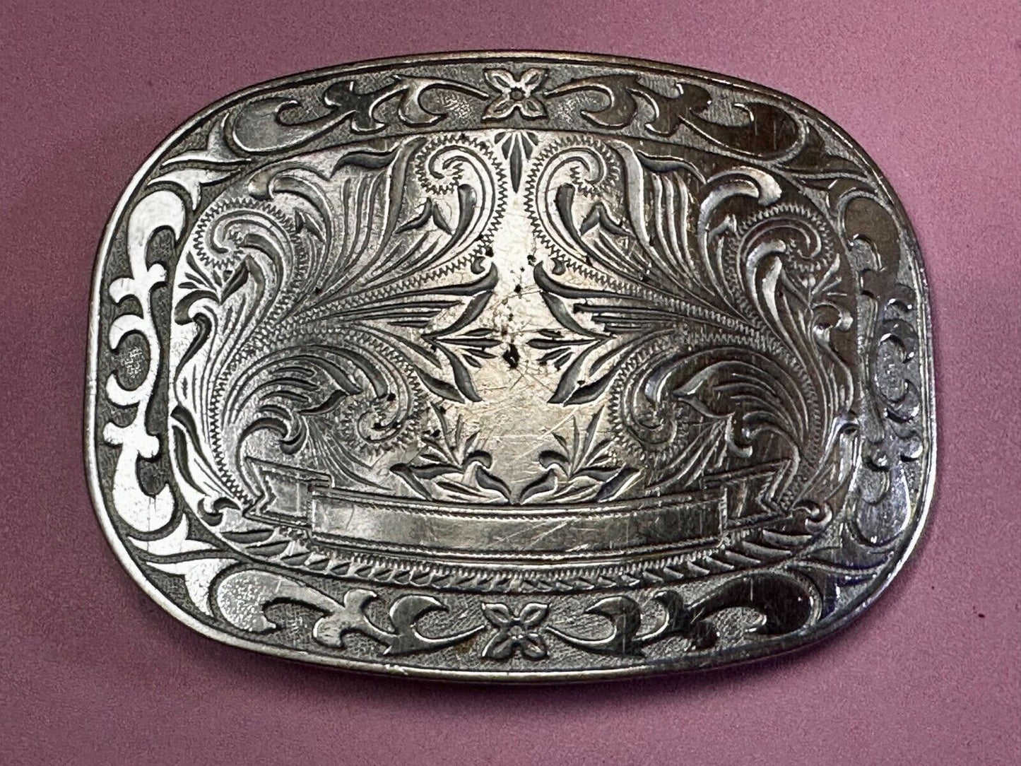 Award Ribbon Scroll To Engrave Western Flower Swirl Design Vintage Belt Buckle