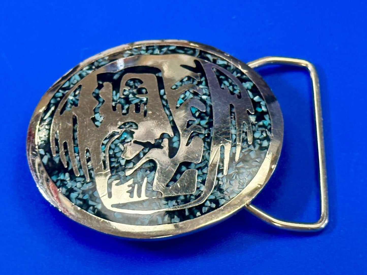 Artisan Inlaid Turquoise chip Beautiful Art pc. Vintage belt buckle marked 1980