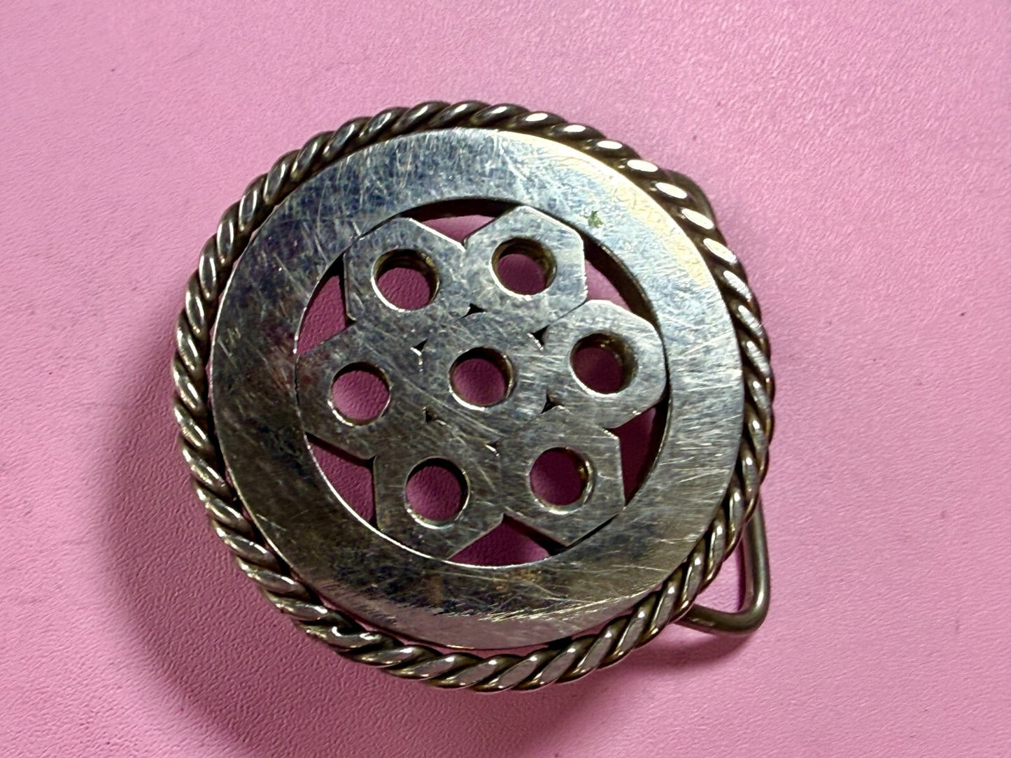 Artisan Welder's Art Handmade Abstract Open Work Round Silver Color Belt Buckle