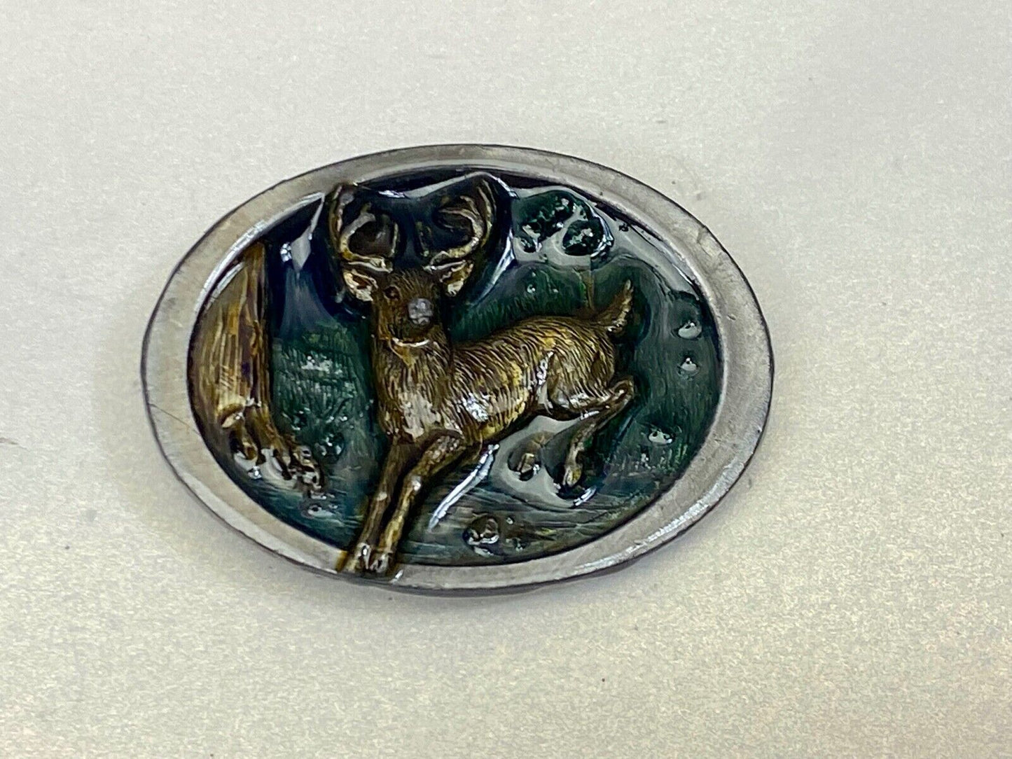 Vintage 1986 C+J Running Jumping Deer In Nature Belt Buckle
