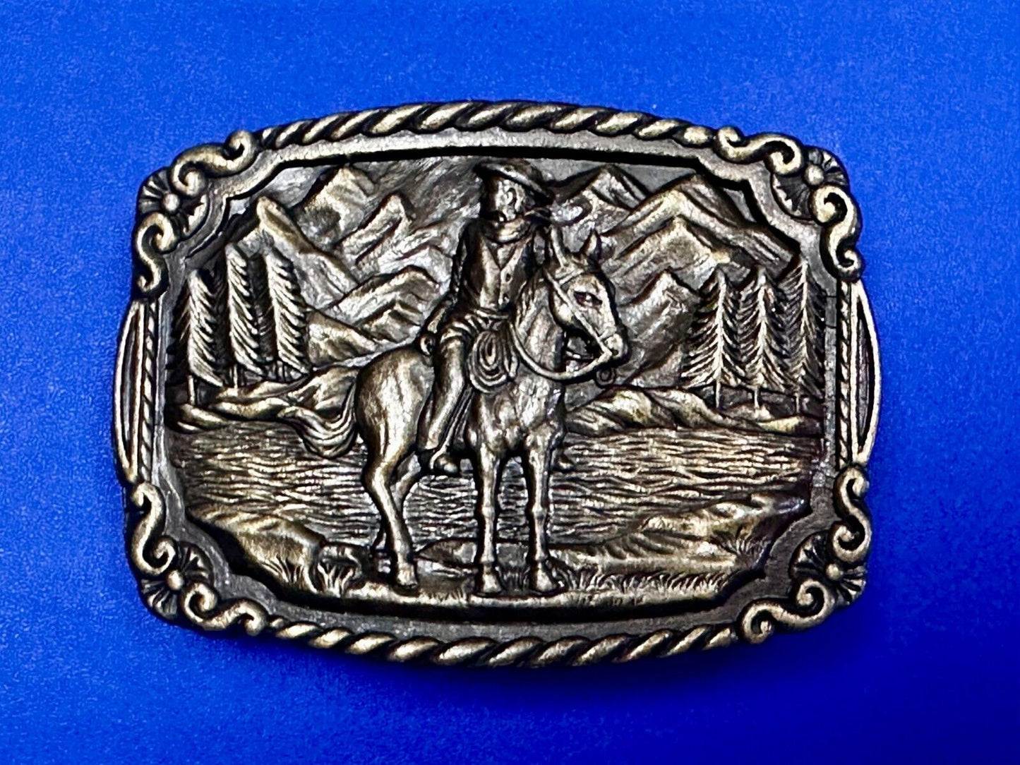Tall In The Saddle Western Cowboy Leading Wagon Train Vintage ART Belt Buckle