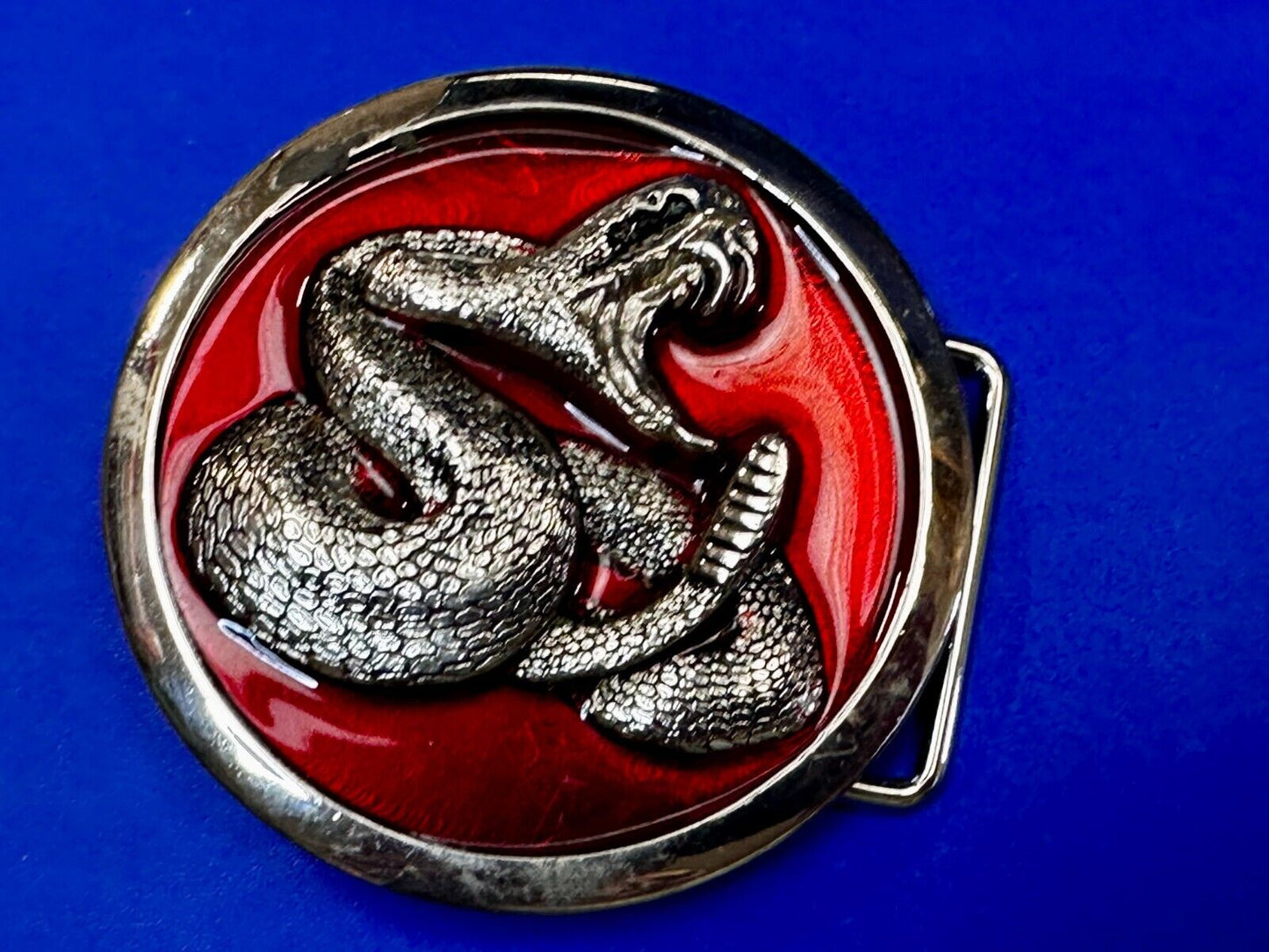 Attacking Snake with Fangs Red Enameled Round Belt Buckle Classico Italia #A246
