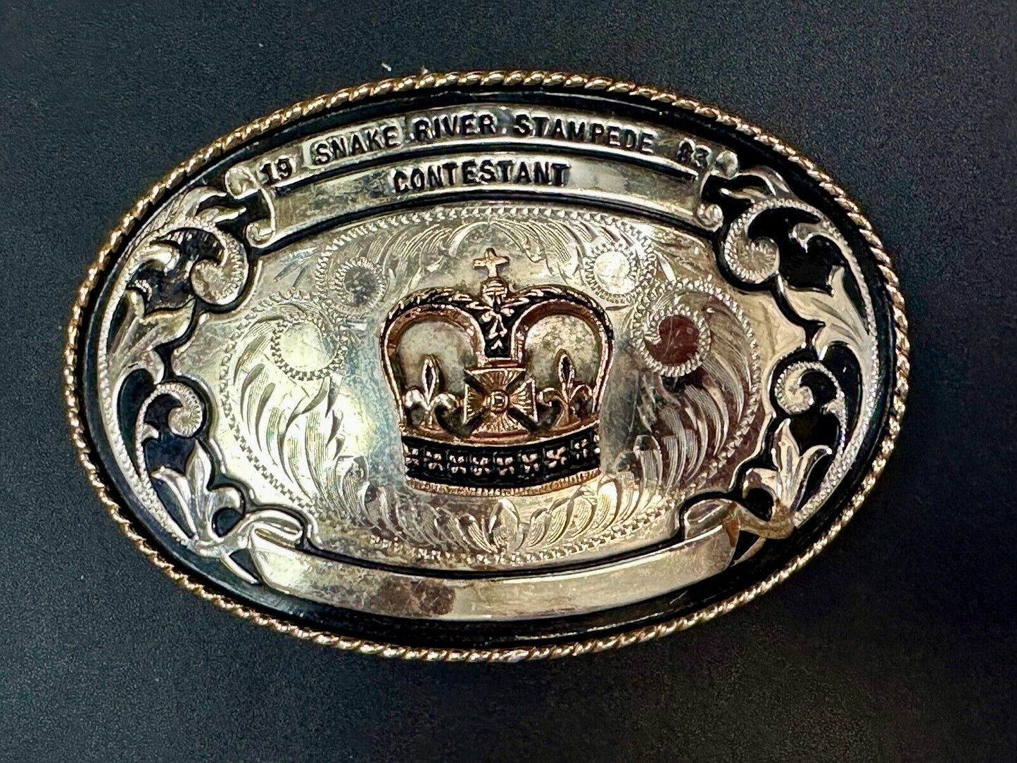 1983 Snake River Stampede Rodeo Idaho Trophy Comstock German Silver belt buckle