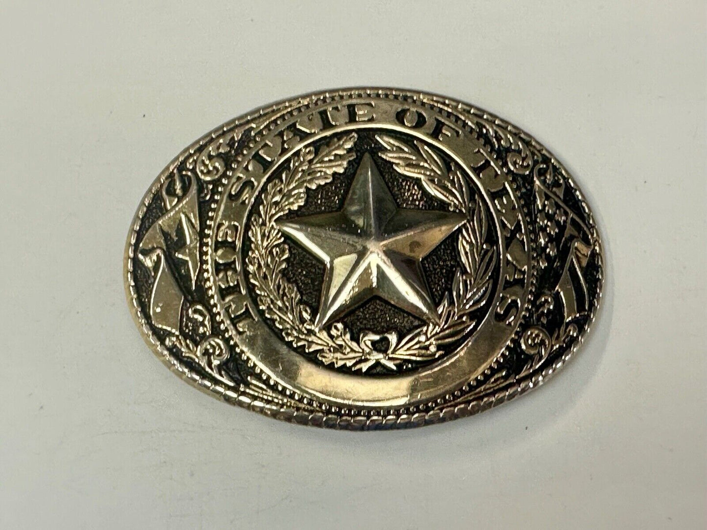 The Great State of Texas Star & Flag gold & black color USA made belt buckle