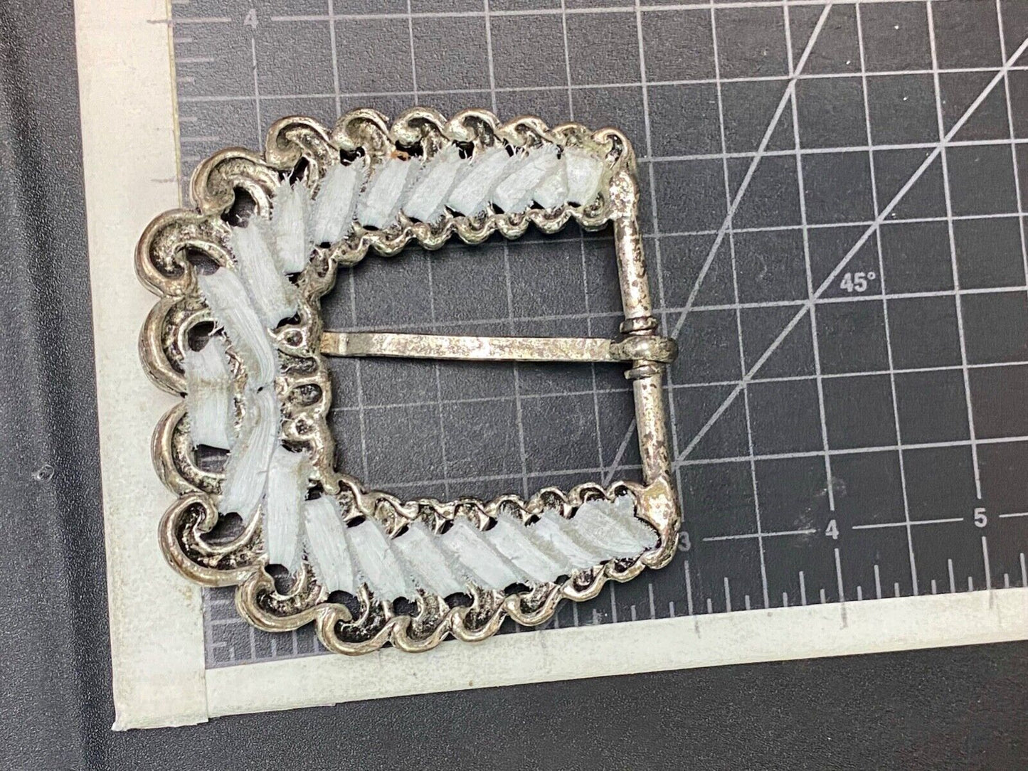 Beautiful White Ribbon Intertwined In Silver Tone Belt Buckle Missing Rhinestone