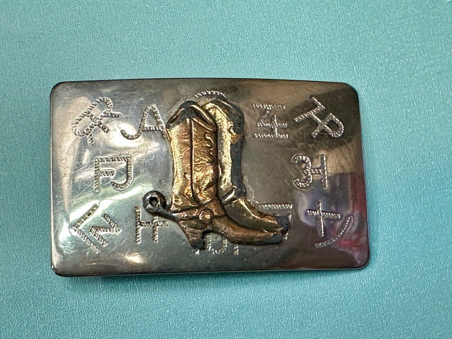 Vintage Cowboy Boots - Western two tone Chambers belt buckle with cattle brands