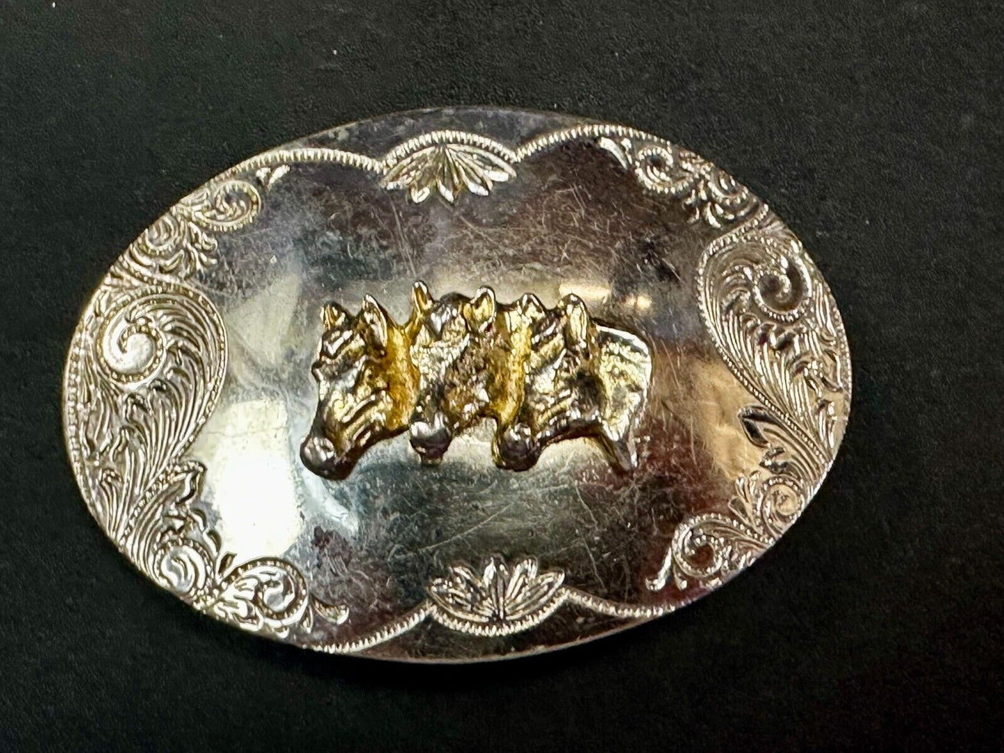 Three Horse Heads - Vintage Western Ornate Reflective Oval Two Tone Belt Buckle