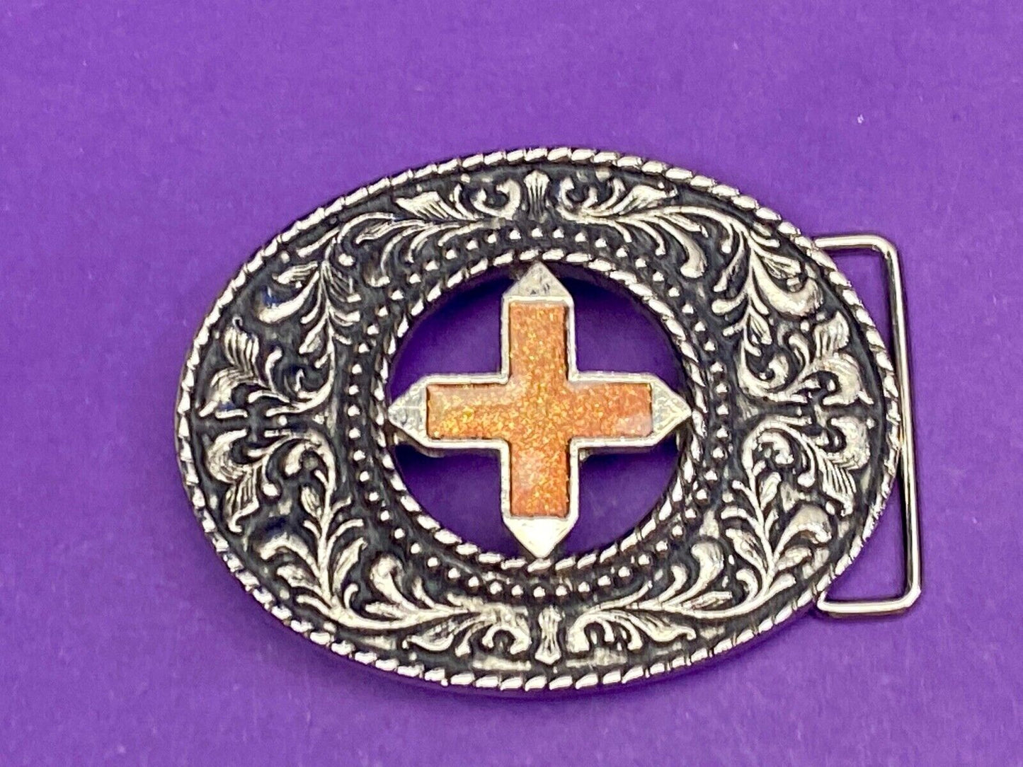 Beautiful See Through Cross Centered In Western Flower Swirl Metal Belt Buckle