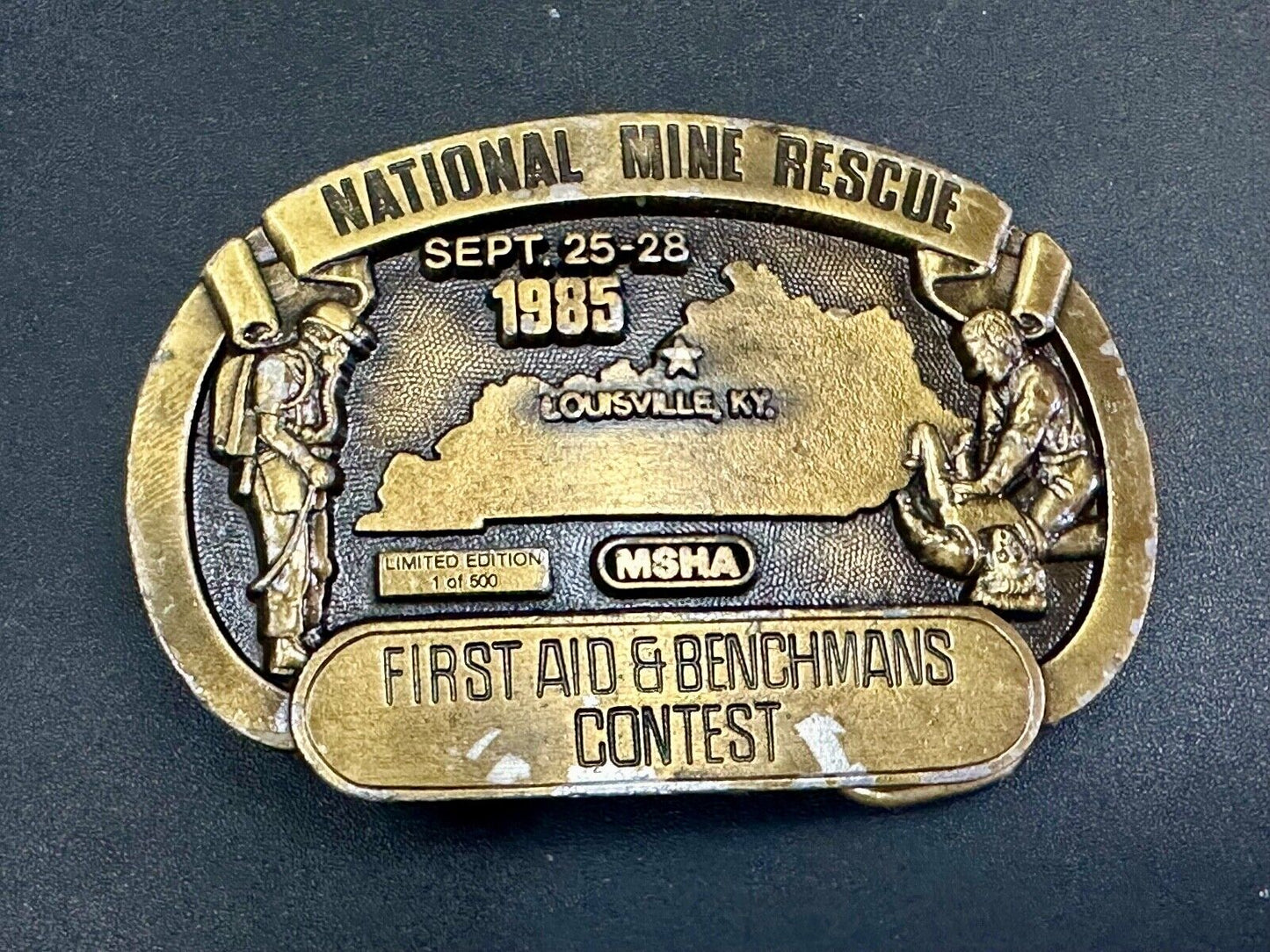 1985 National Mine Rescue Louisville KY MSHA First Aid contest belt buckle