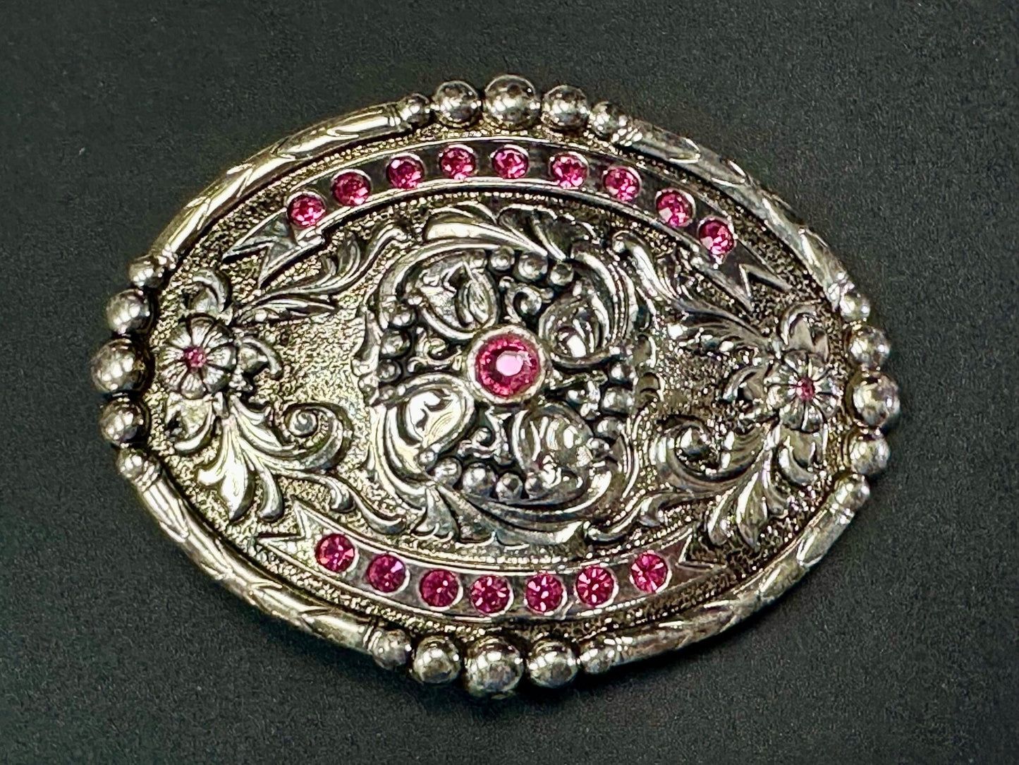 Authentic Silver Plated Pewter Belt Buckle With Cowgirls Girly Pink Rhinestones
