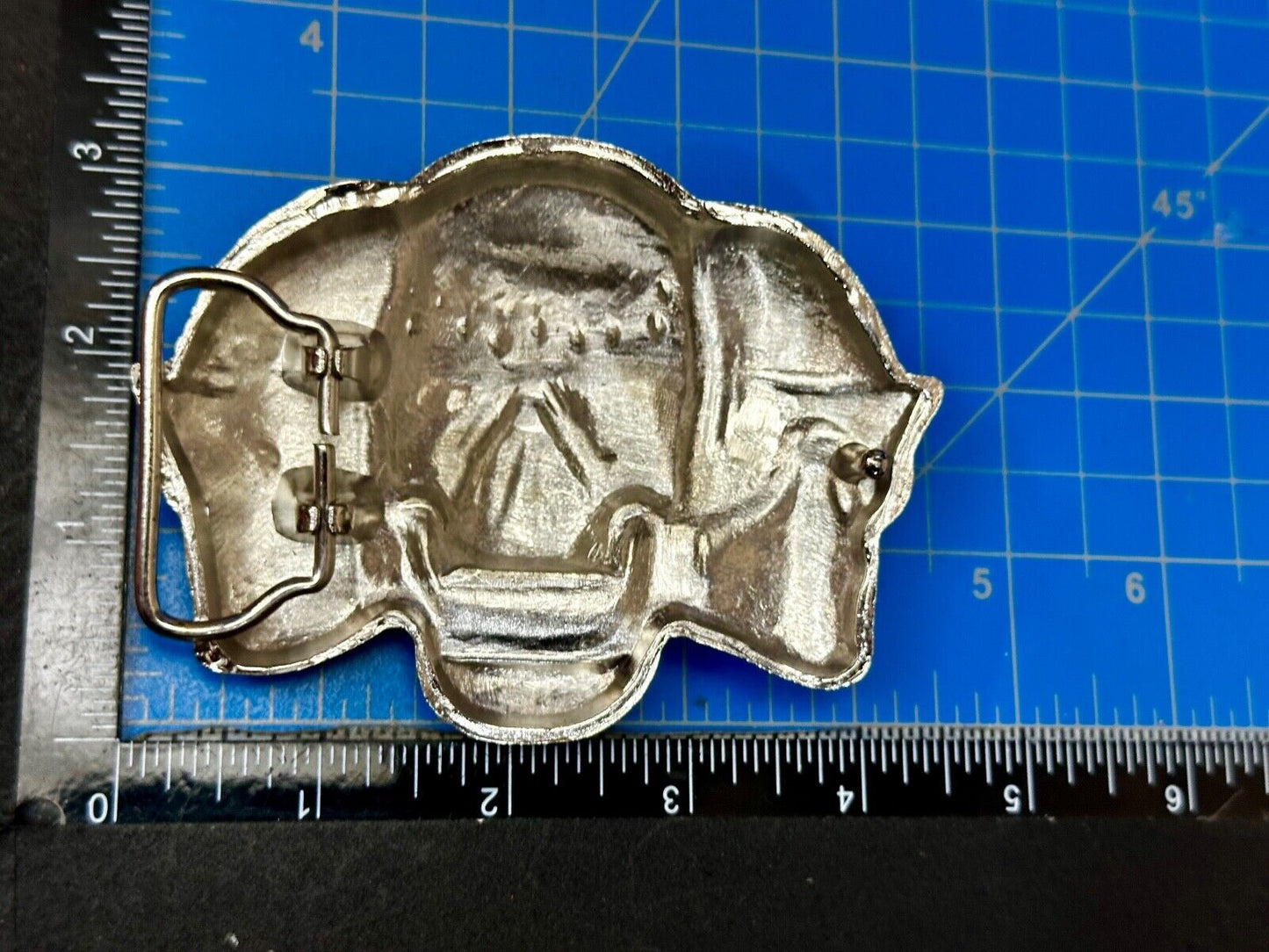Three Skull's Heads Rhinestone Accented W/ Blue Shades Silver Tone Belt Buckle