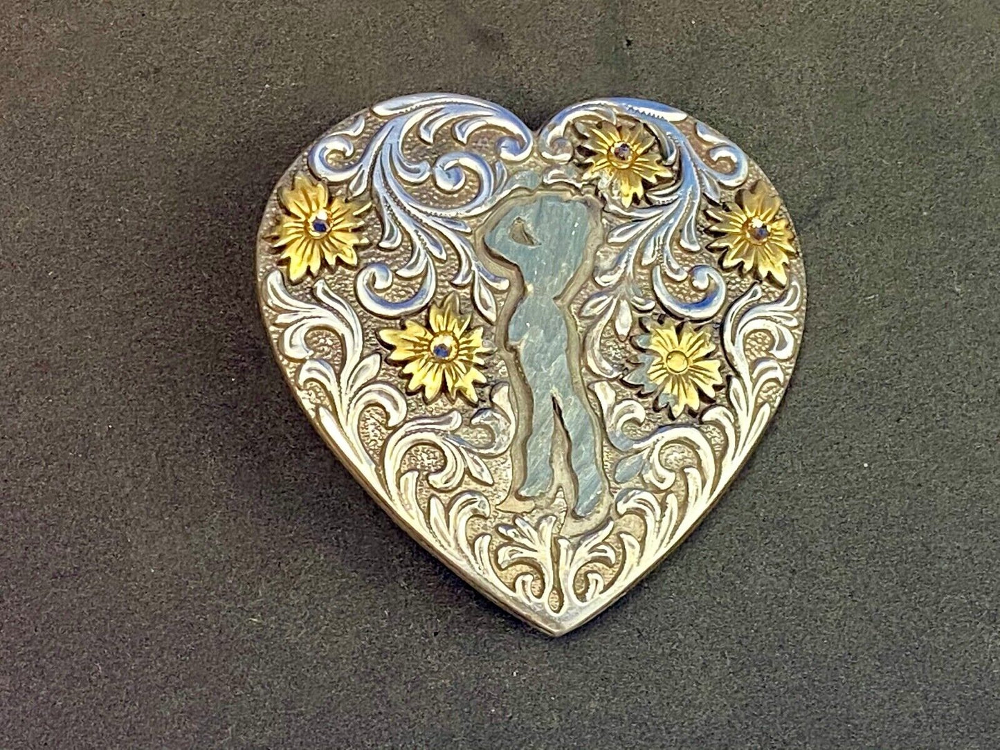 2007 Ivan belt buckle - Western HEART figure of cowgirl? w/ gold color accents