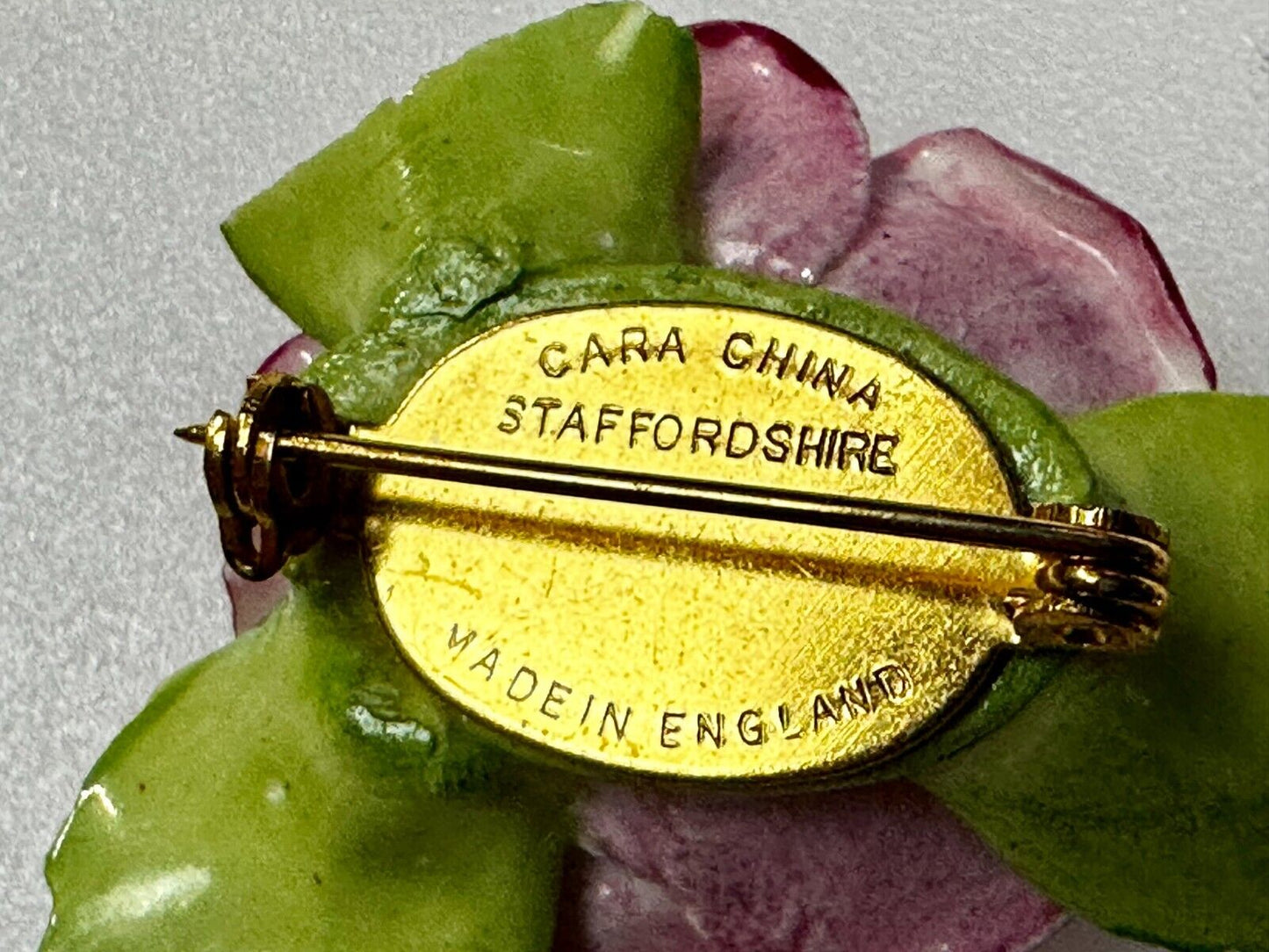 Beautiful Porcelain Red Roses with Green Leaf Brooch Pin Signed by Cara China