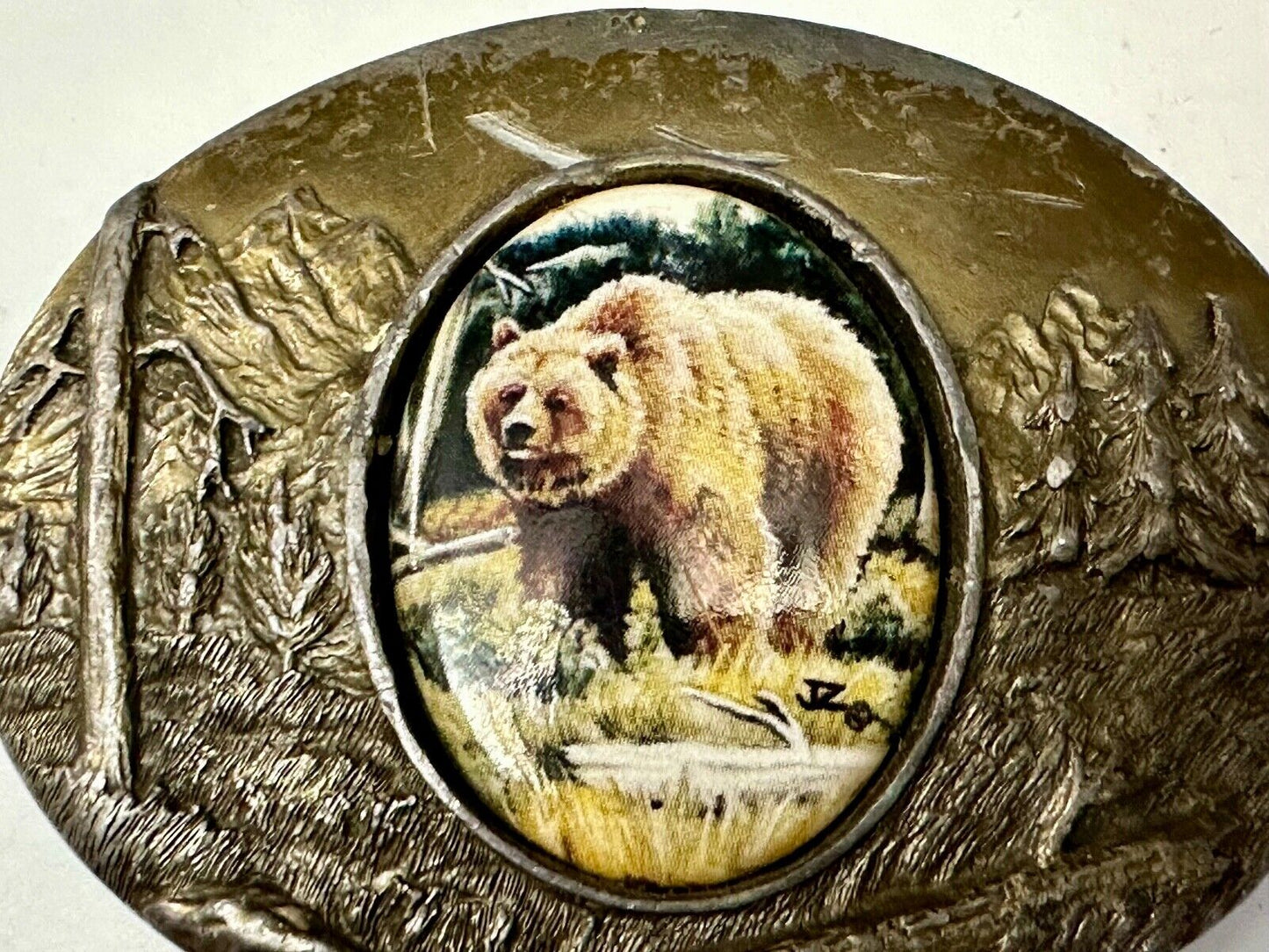 Bear Picture Art on Porcelain Cabochon Artist Julie Zsupnik Belt Buckle