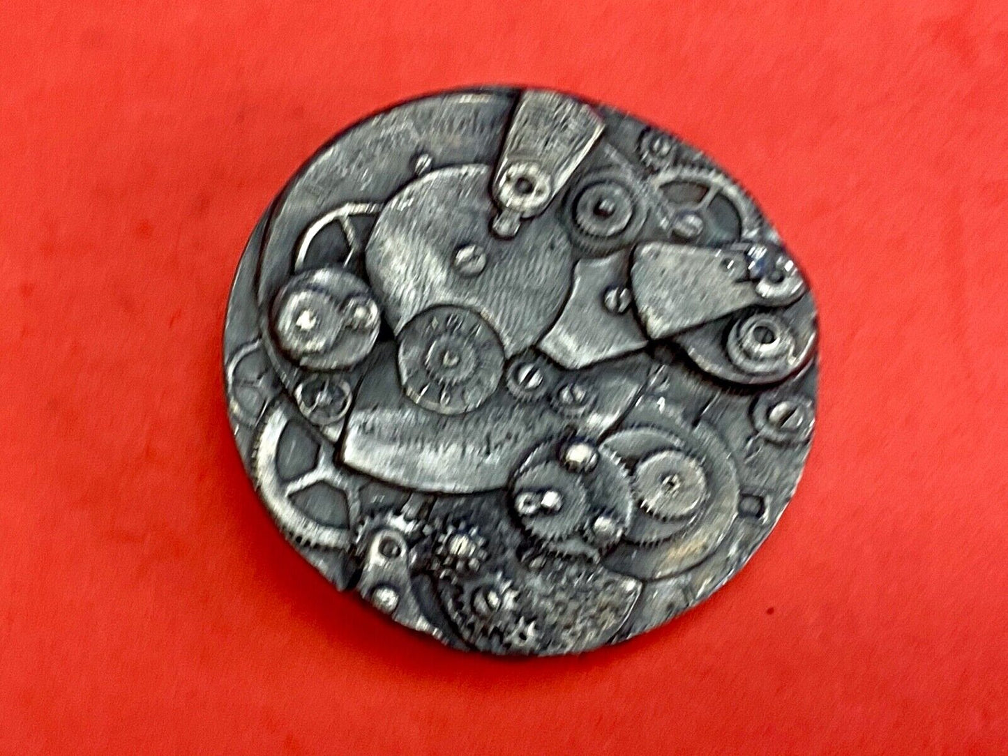 Vintage ART piece Clock gears round belt buckle - AWSOME detail! USA seal back